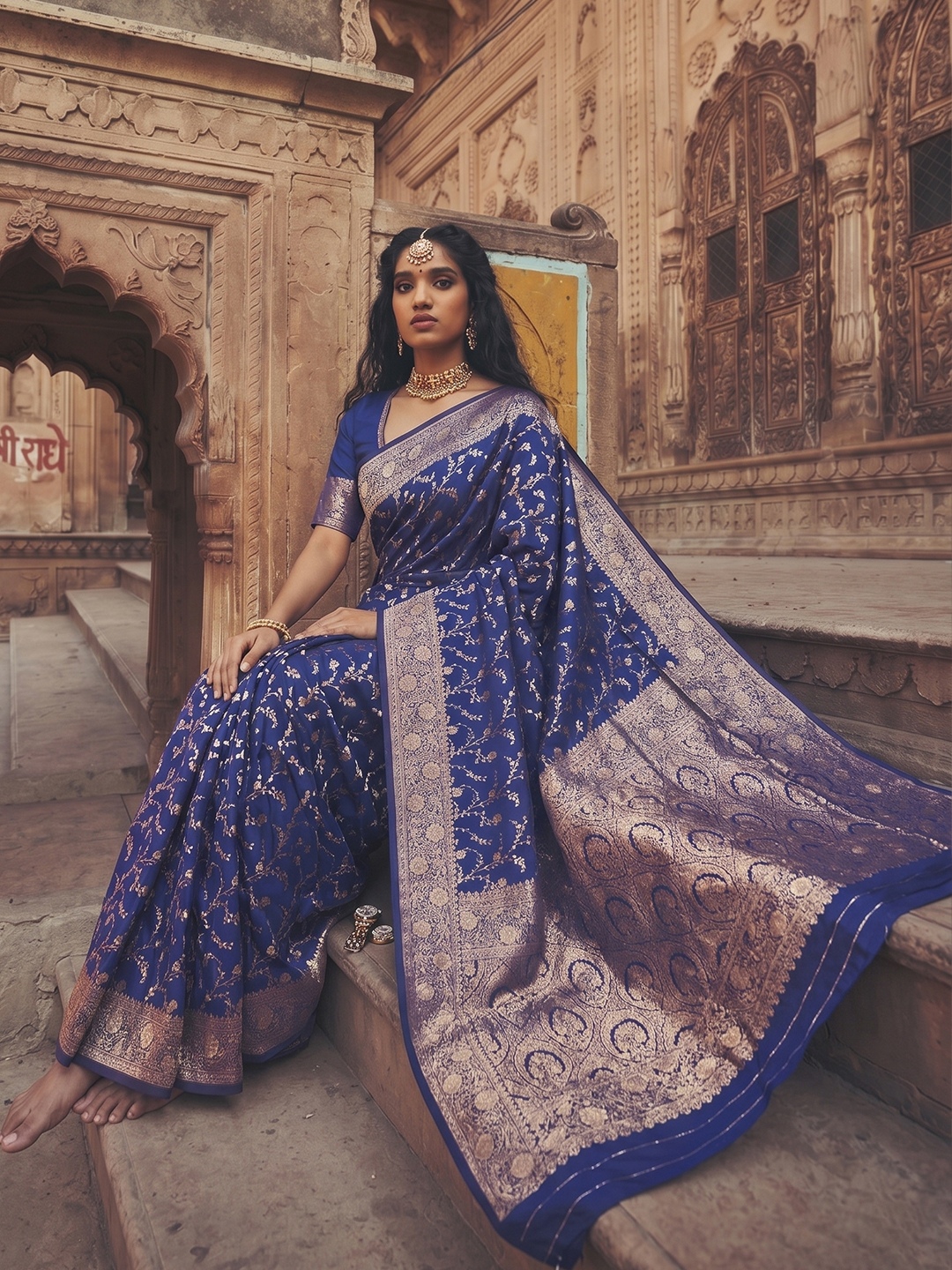 Blue Floral Jaal Art Silk Saree