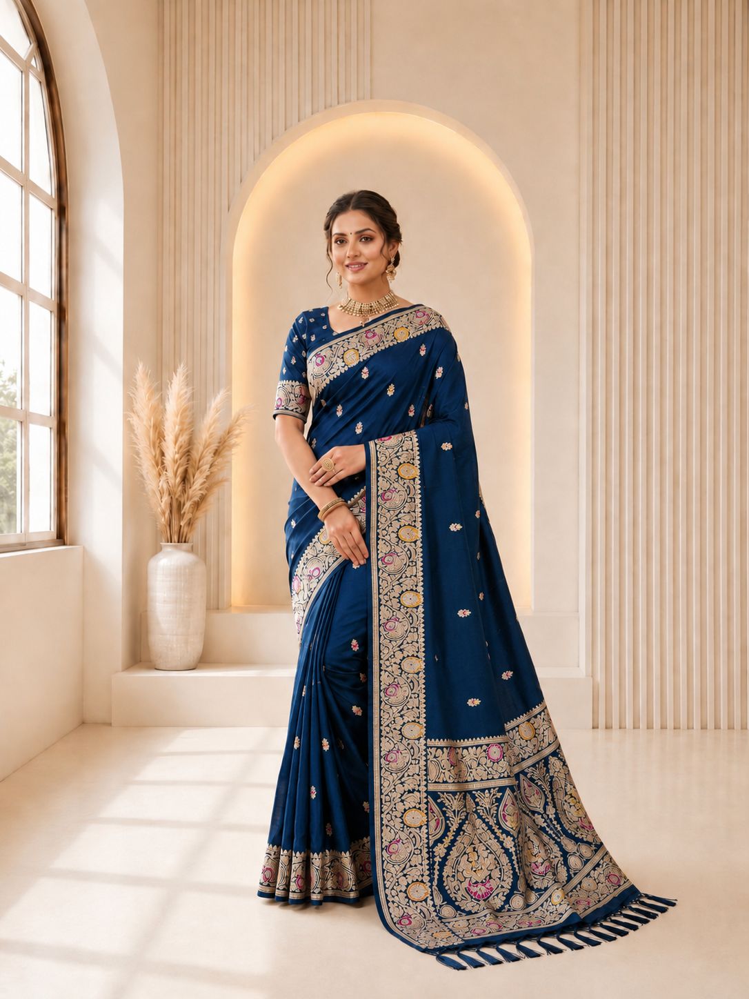 Blue Floral Jacquard Banarasi Silk Designer Saree