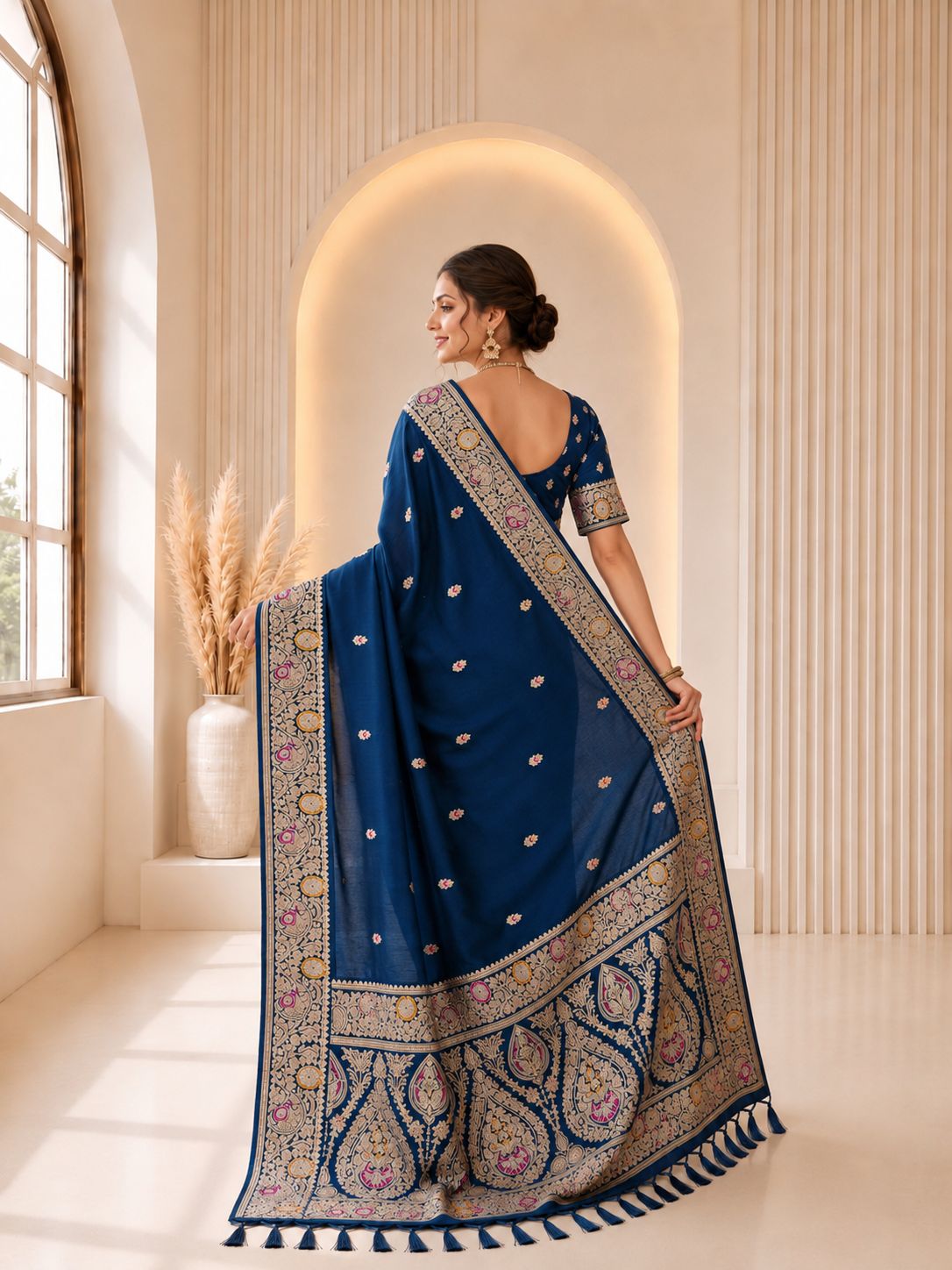 Blue Floral Jacquard Banarasi Silk Designer Saree — alternate view