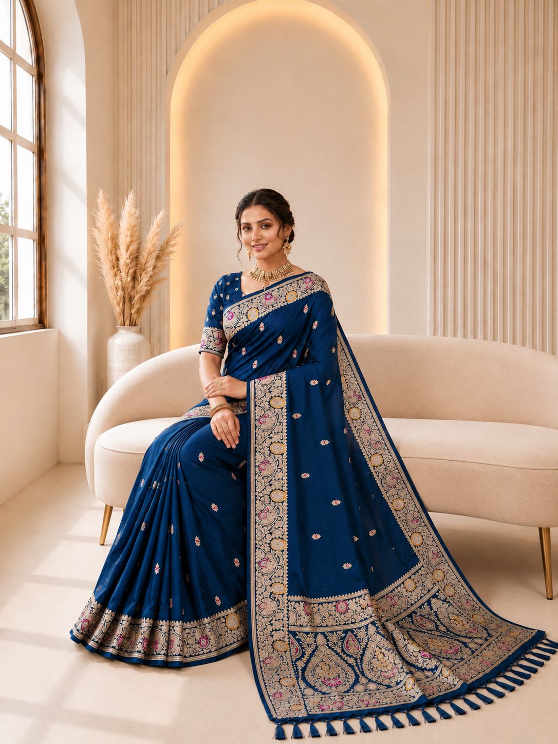 Blue Floral Jacquard Banarasi Silk Designer Saree
