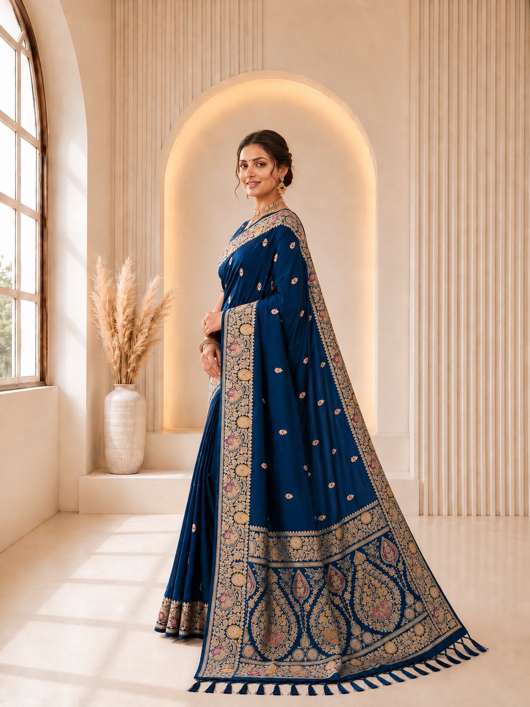 Blue Floral Jacquard Banarasi Silk Designer Saree