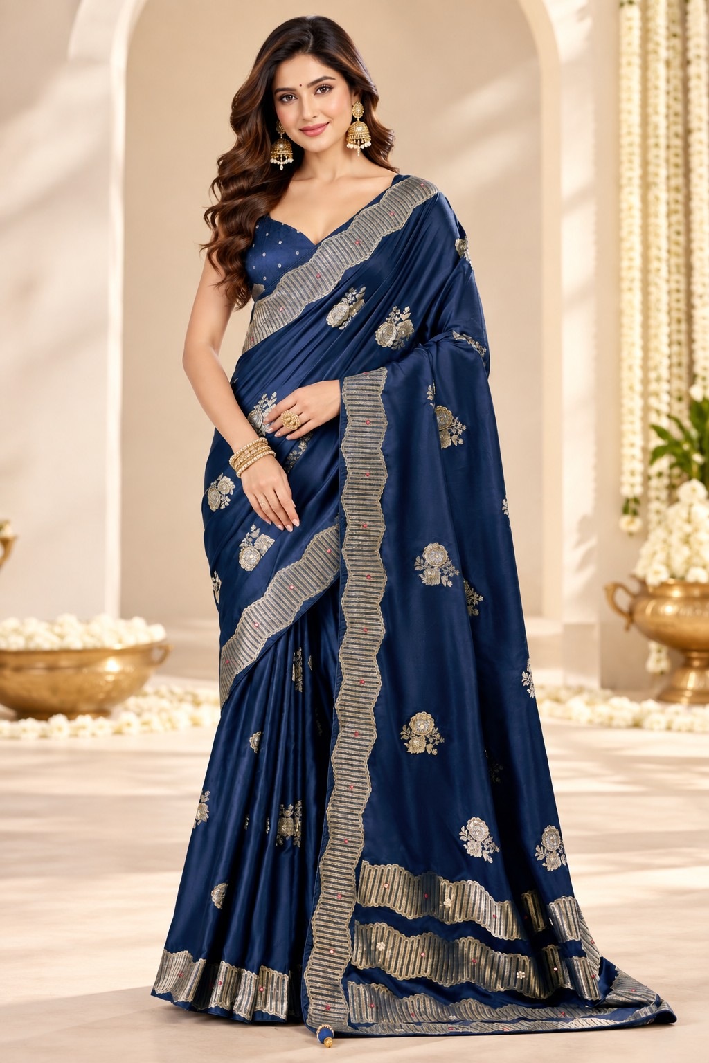 Blue Floral Jacquard Satin Tissue Saree