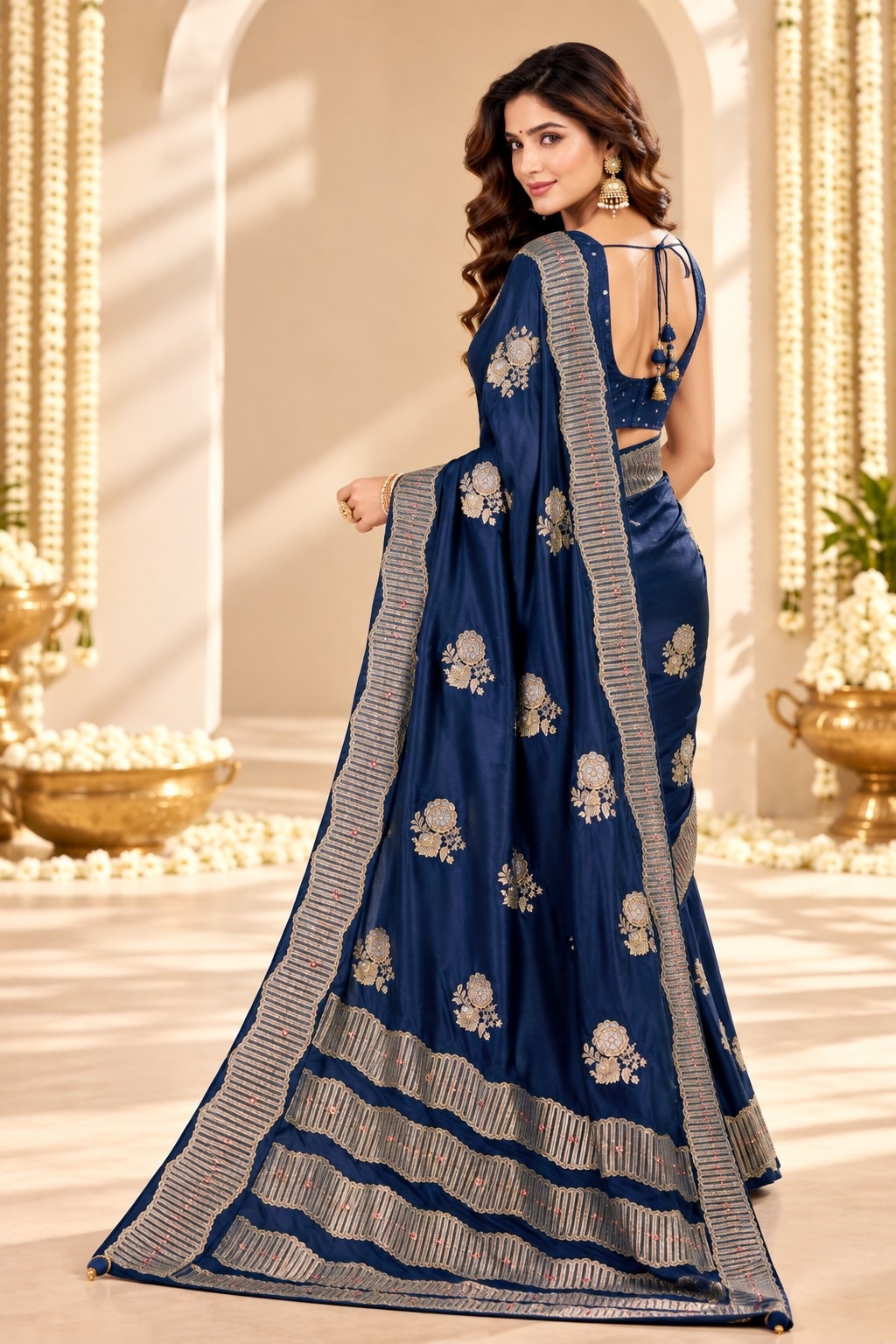 Blue Floral Jacquard Satin Tissue Saree — alternate view