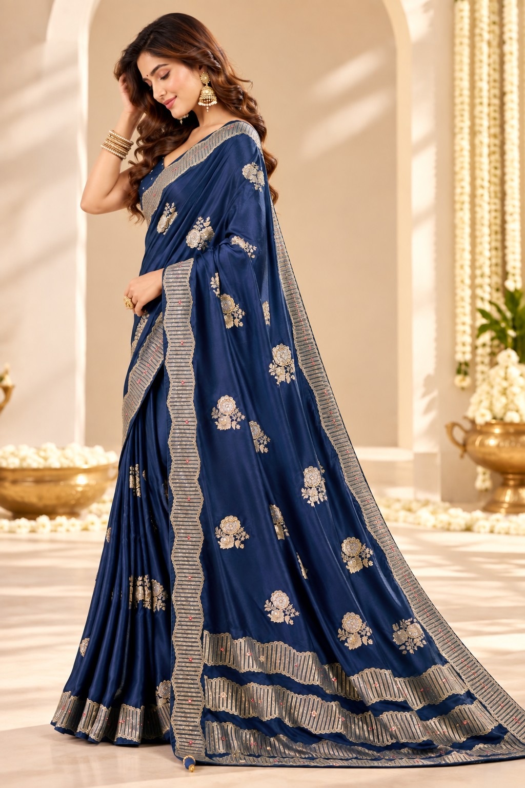 Blue Floral Jacquard Satin Tissue Saree