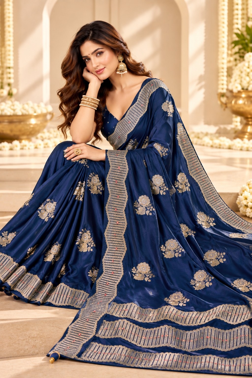 Blue Floral Jacquard Satin Tissue Saree