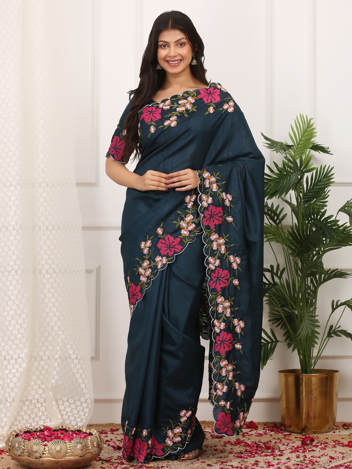 Blue Floral Multi Thread Embroidered Manipuri Silk Saree
