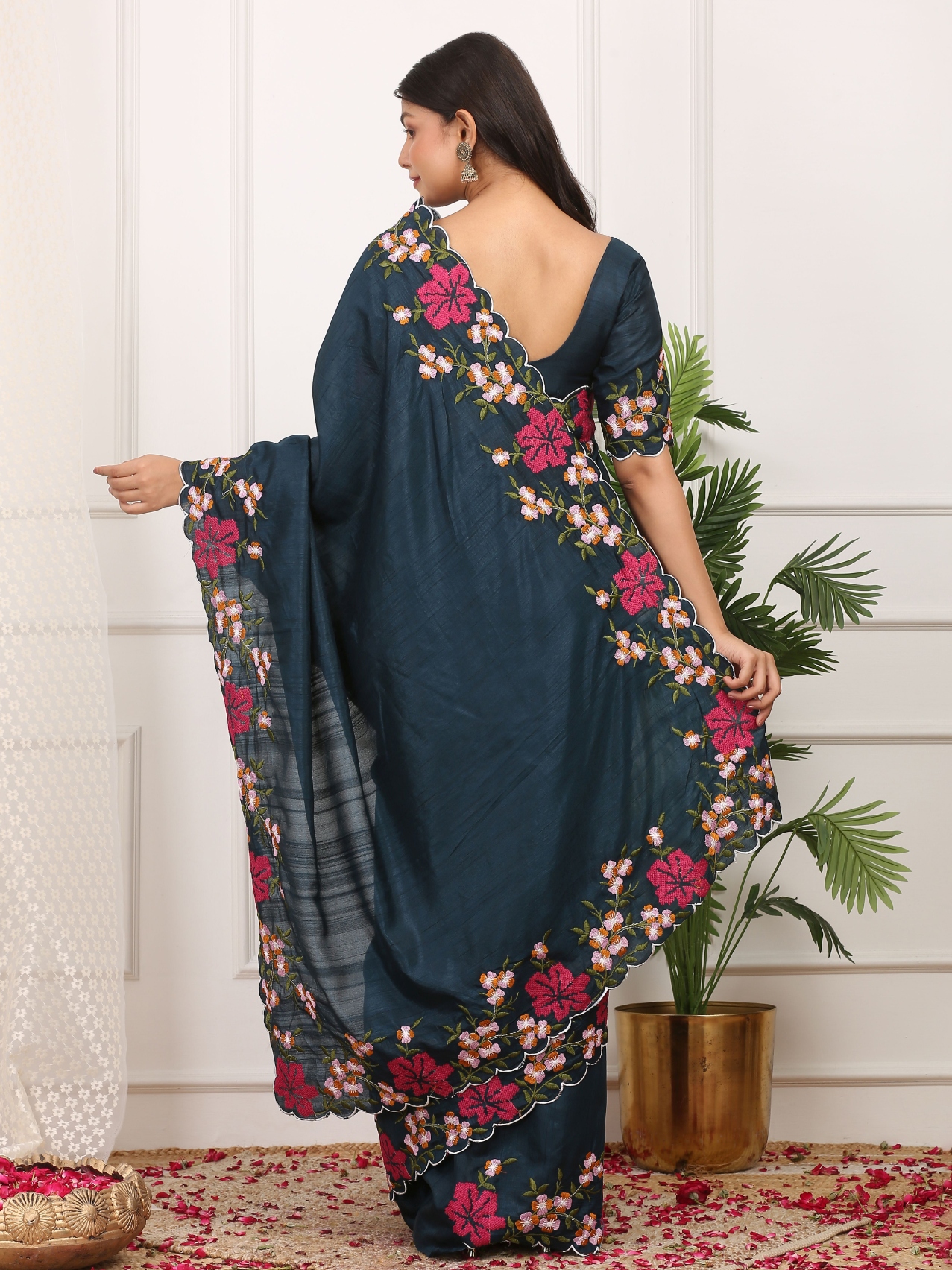 Blue Floral Multi Thread Embroidered Manipuri Silk Saree — alternate view
