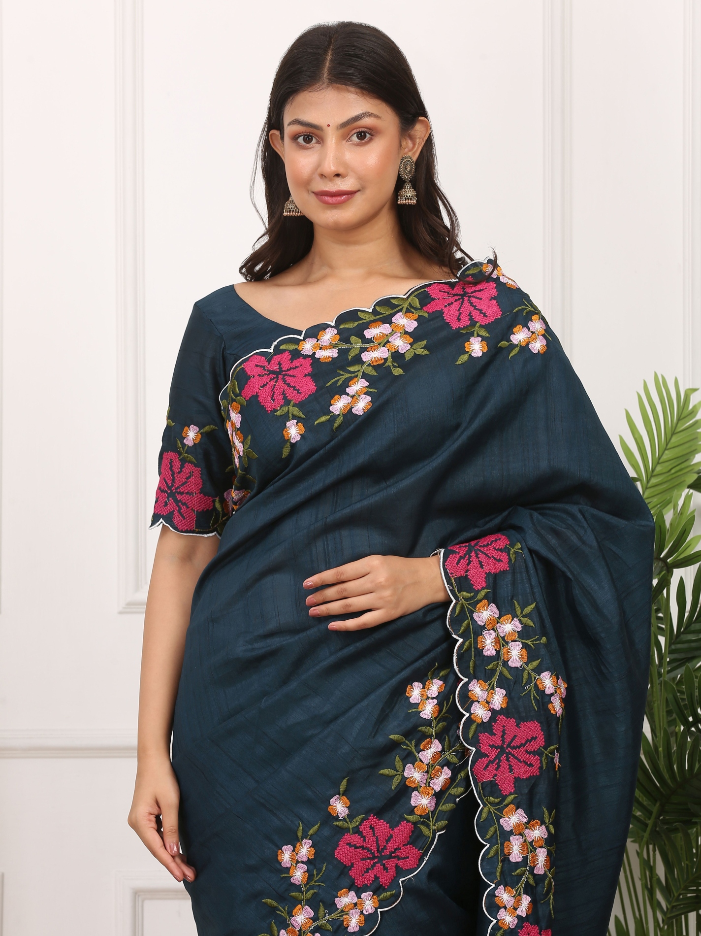 Blue Floral Multi Thread Embroidered Manipuri Silk Saree