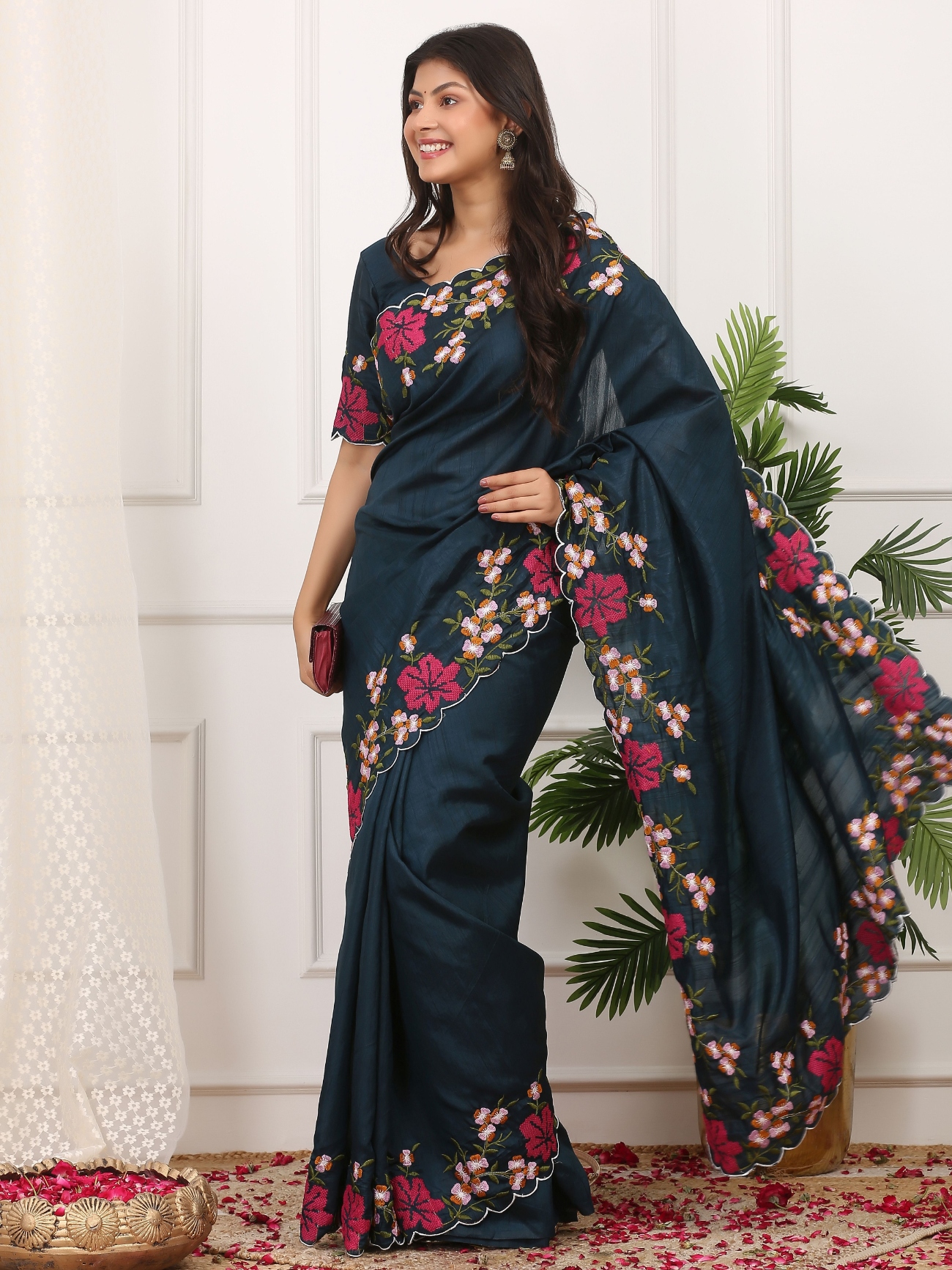 Blue Floral Multi Thread Embroidered Manipuri Silk Saree