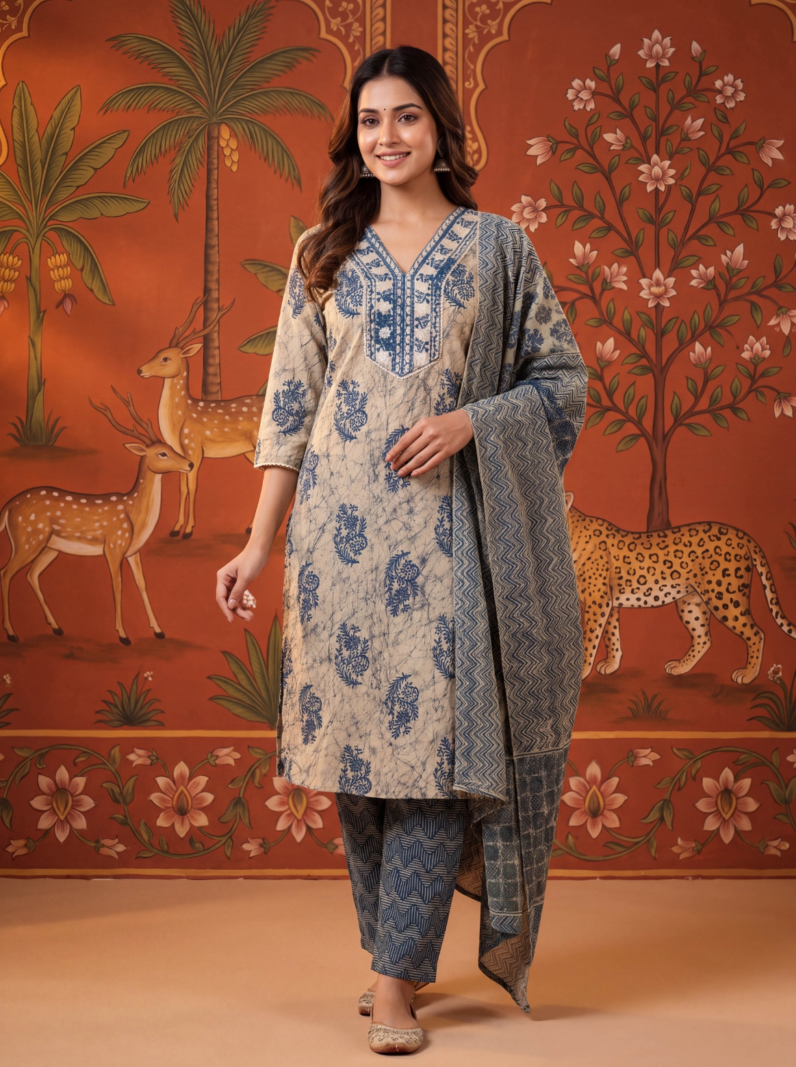 Blue Floral Printed Cotton Straight Kurta Set