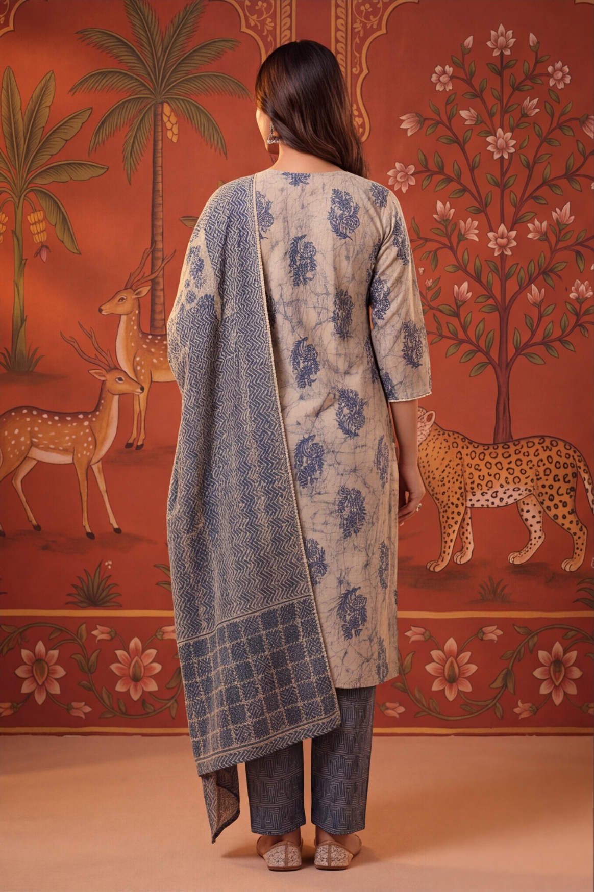 Blue Floral Printed Cotton Straight Kurta Set — alternate view