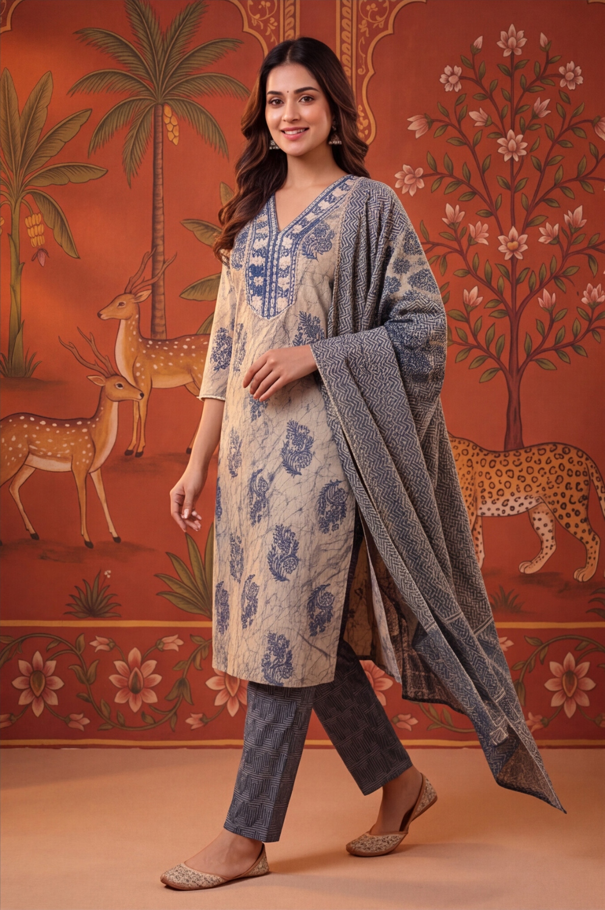 Blue Floral Printed Cotton Straight Kurta Set