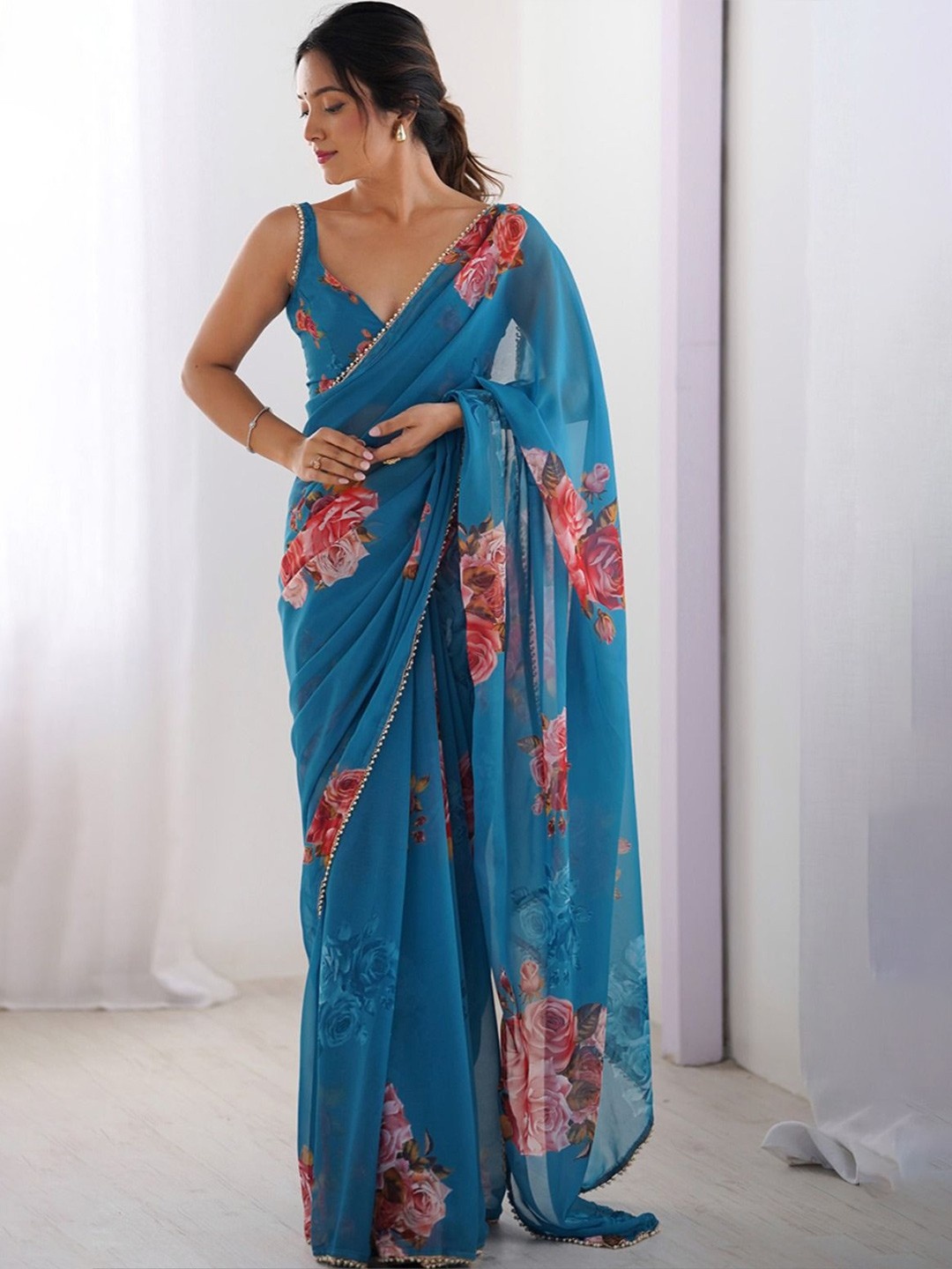 Blue Floral Printed Georgette Saree