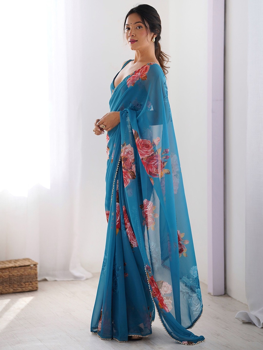 Blue Floral Printed Georgette Saree — alternate view
