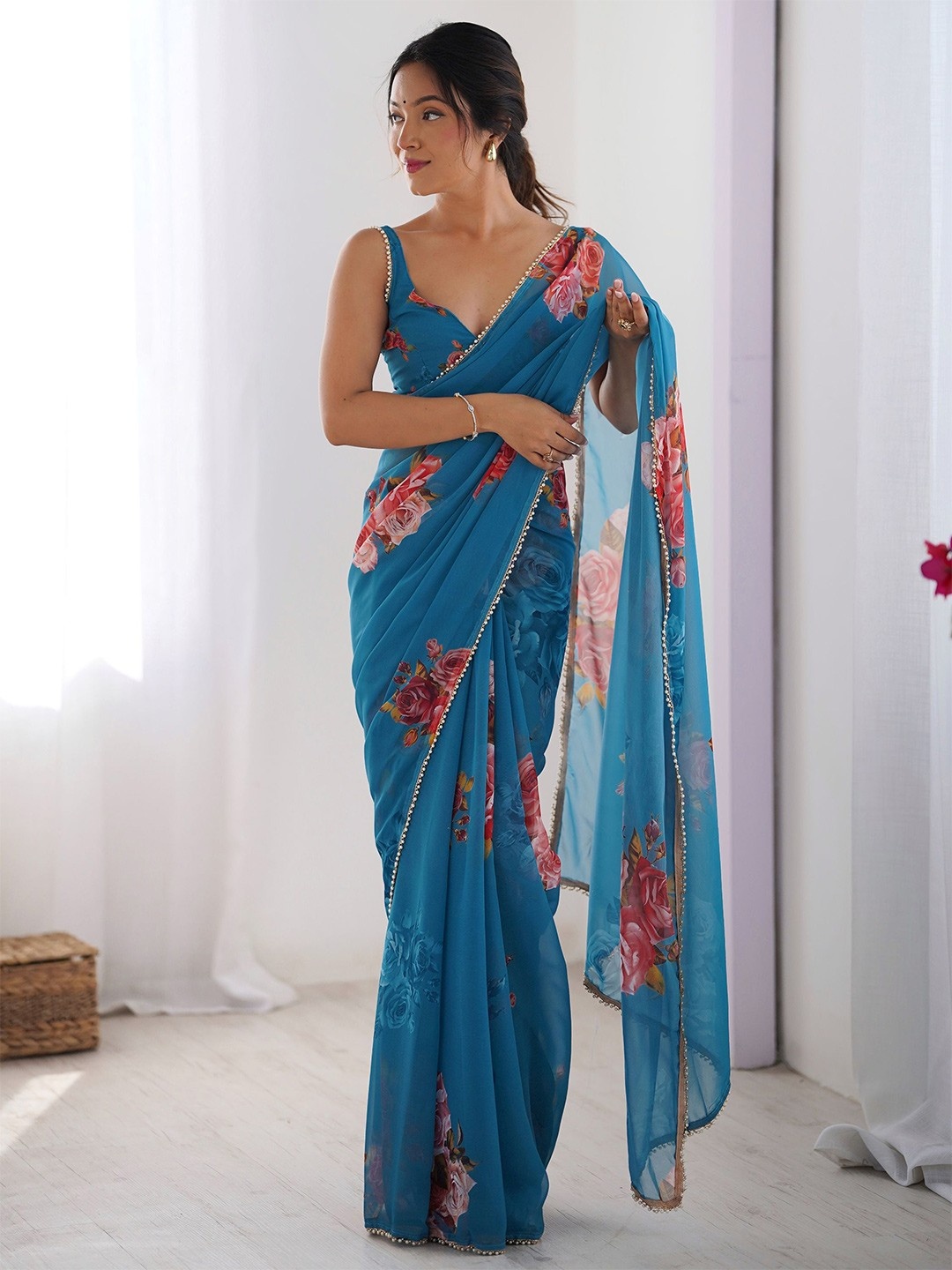 Blue Floral Printed Georgette Saree