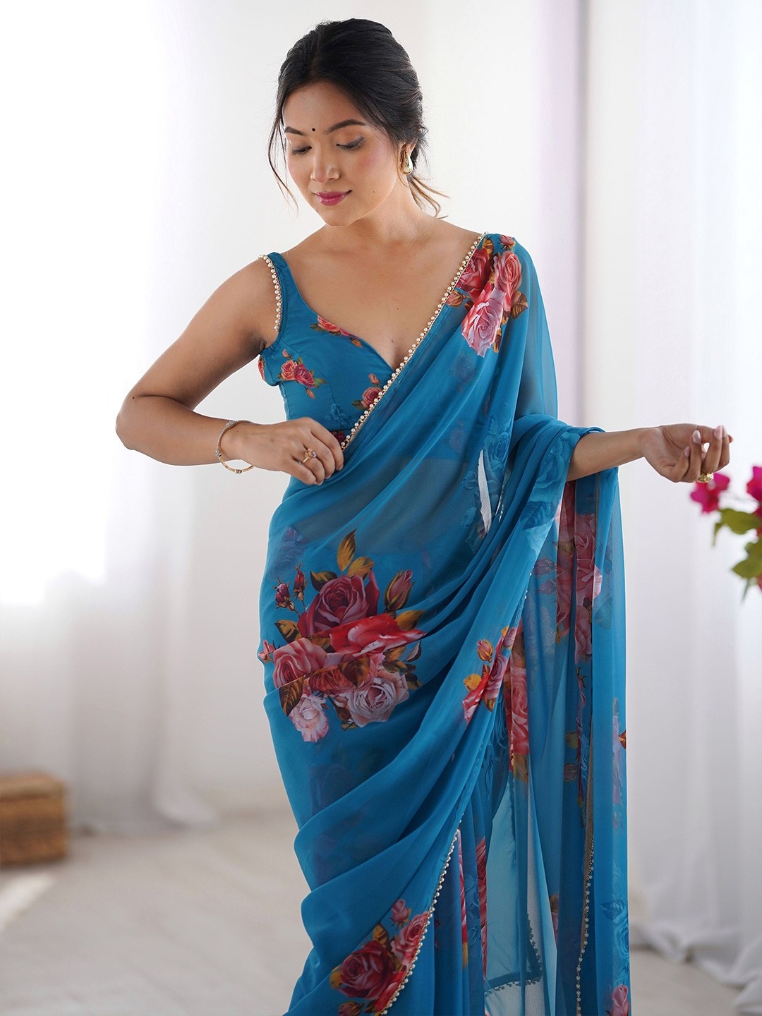 Blue Floral Printed Georgette Saree