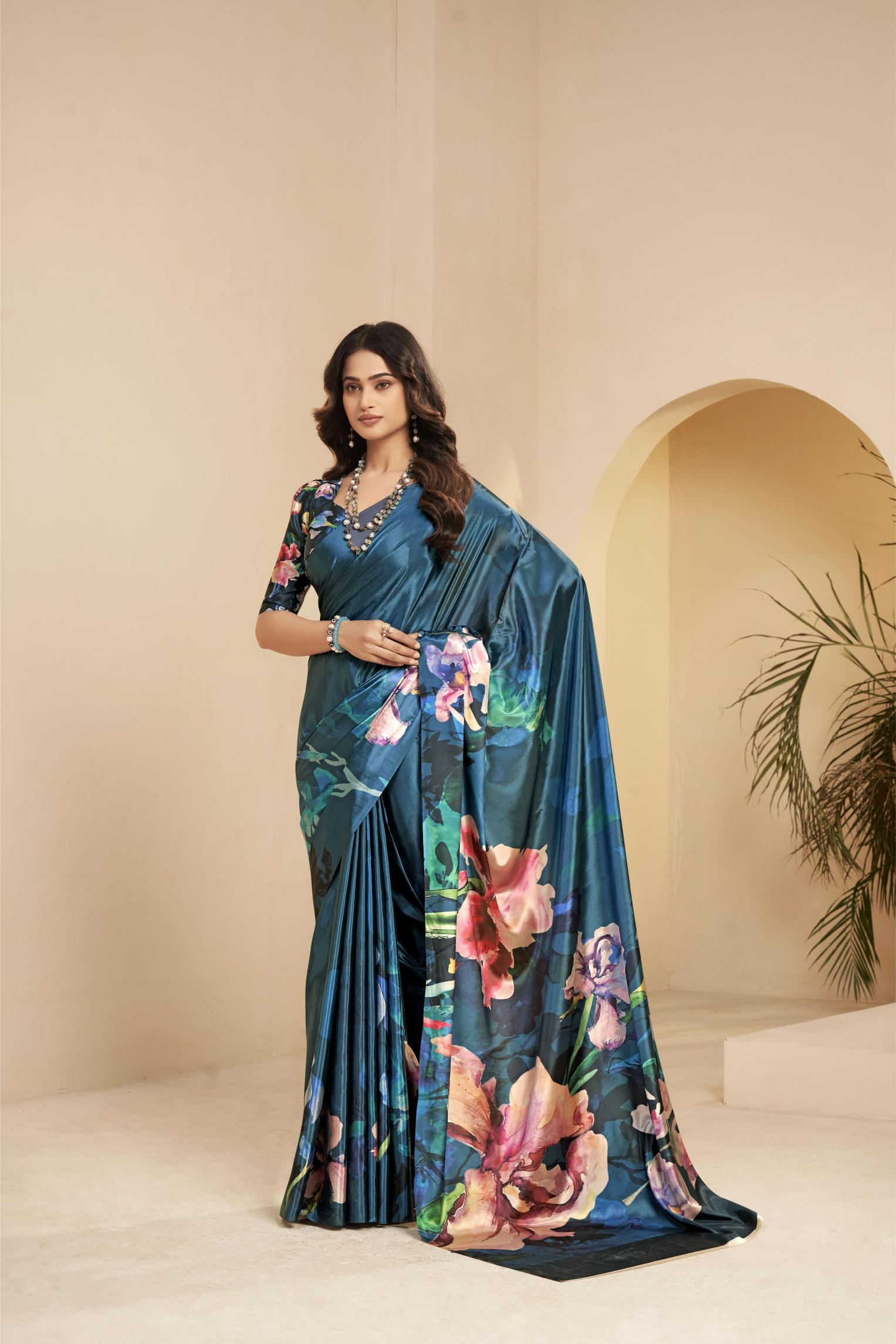Blue Floral Printed Malai Crepe Silk Saree