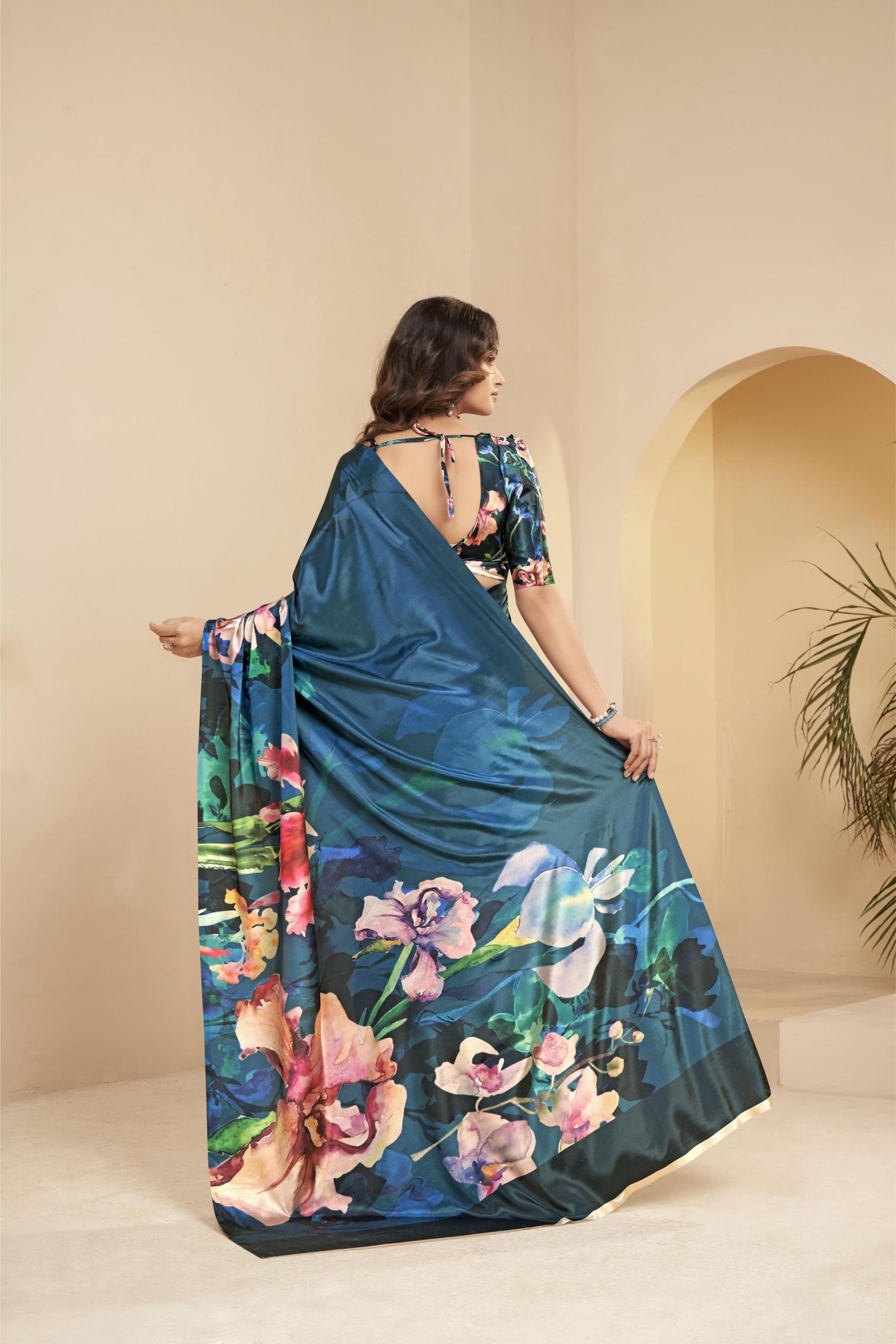Blue Floral Printed Malai Crepe Silk Saree — alternate view