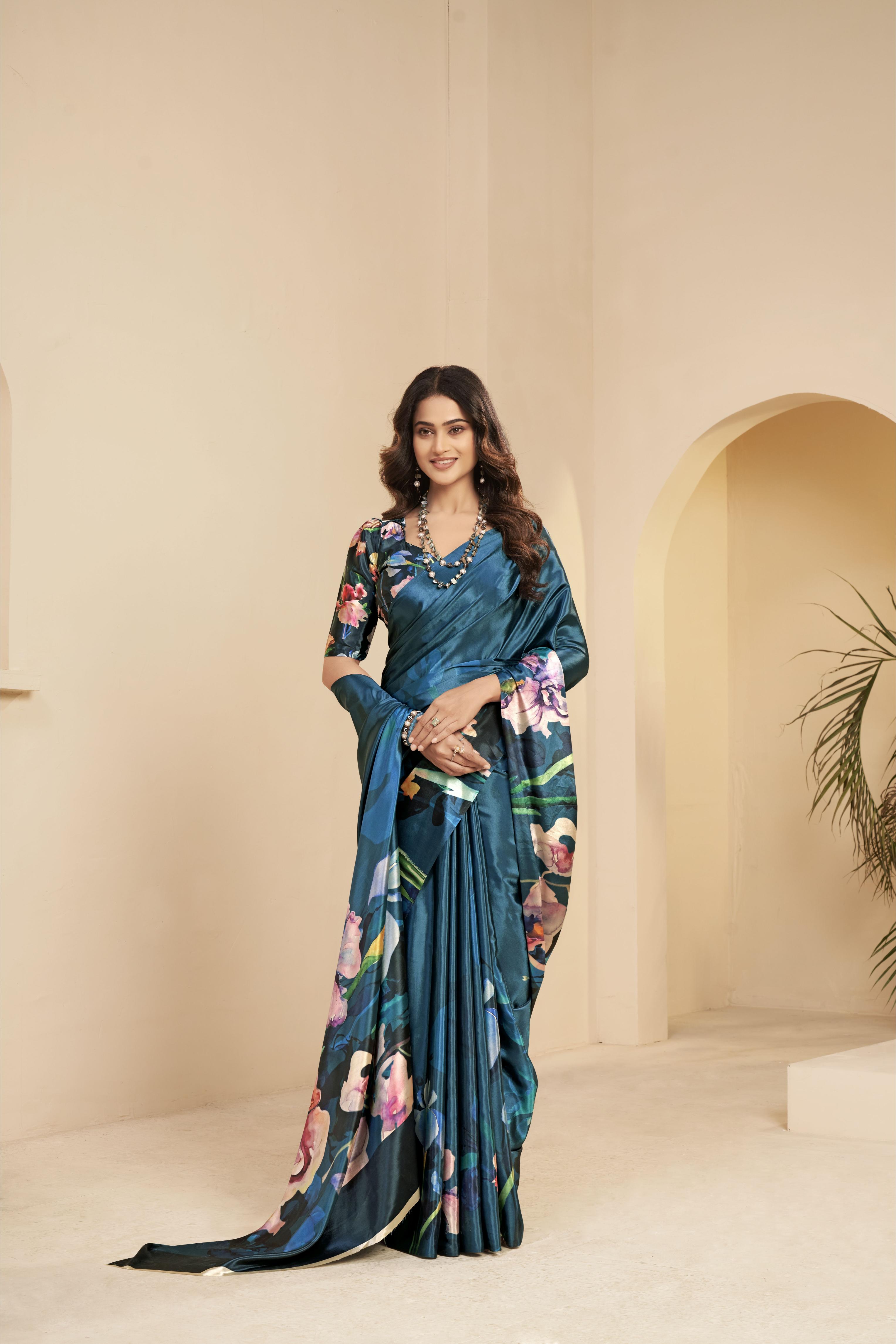 Blue Floral Printed Malai Crepe Silk Saree