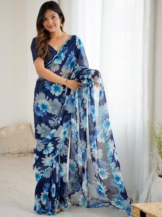 Blue Floral Printed Mirror Cut Work Georgette Saree
