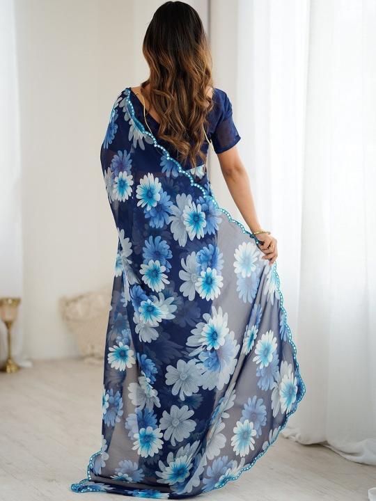Blue Floral Printed Mirror Cut Work Georgette Saree — alternate view