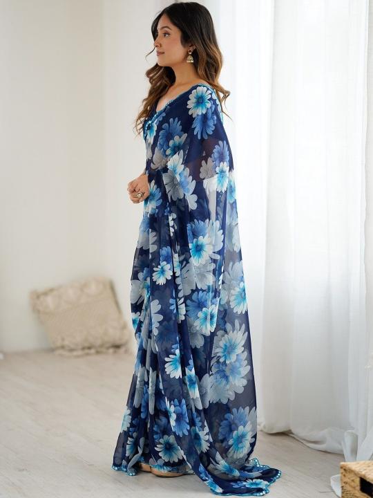 Blue Floral Printed Mirror Cut Work Georgette Saree