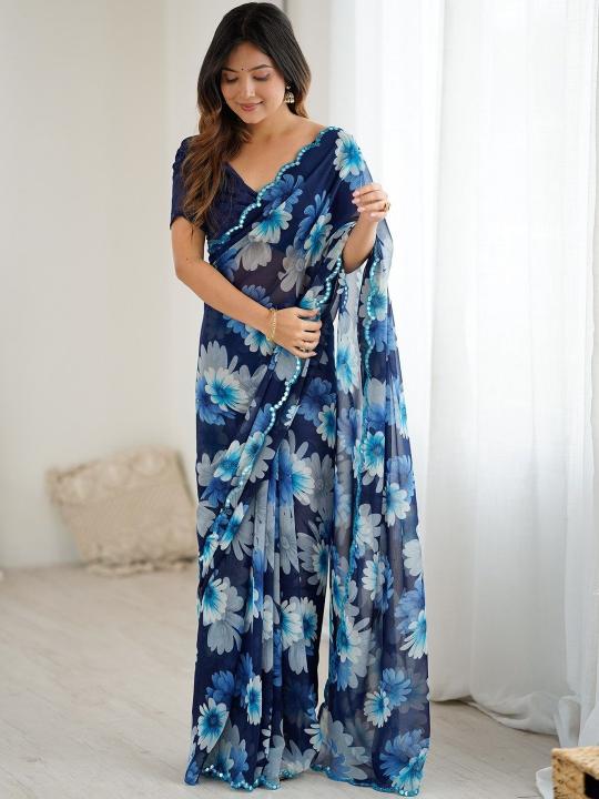 Blue Floral Printed Mirror Cut Work Georgette Saree
