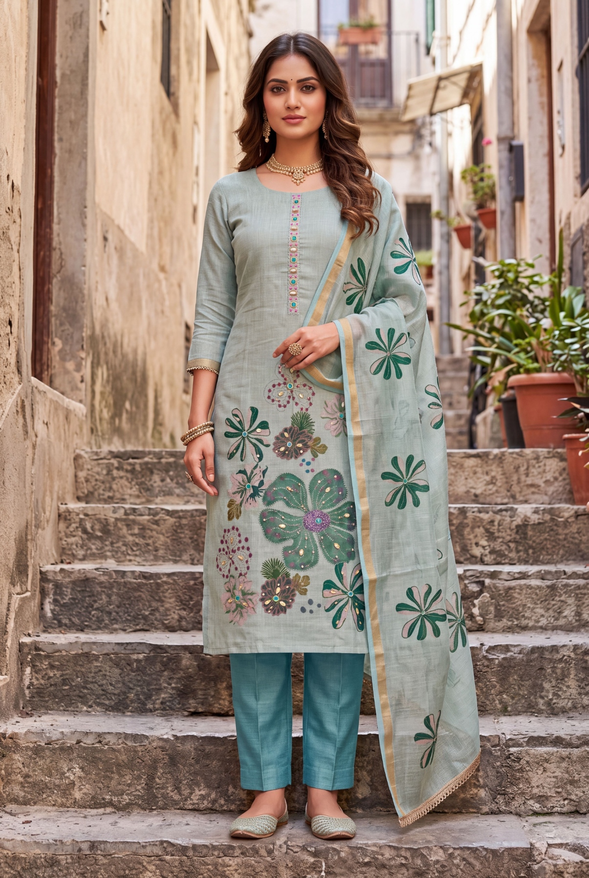 Blue Floral Printed Shimmer Linen Cotton Elegant Straight Suit