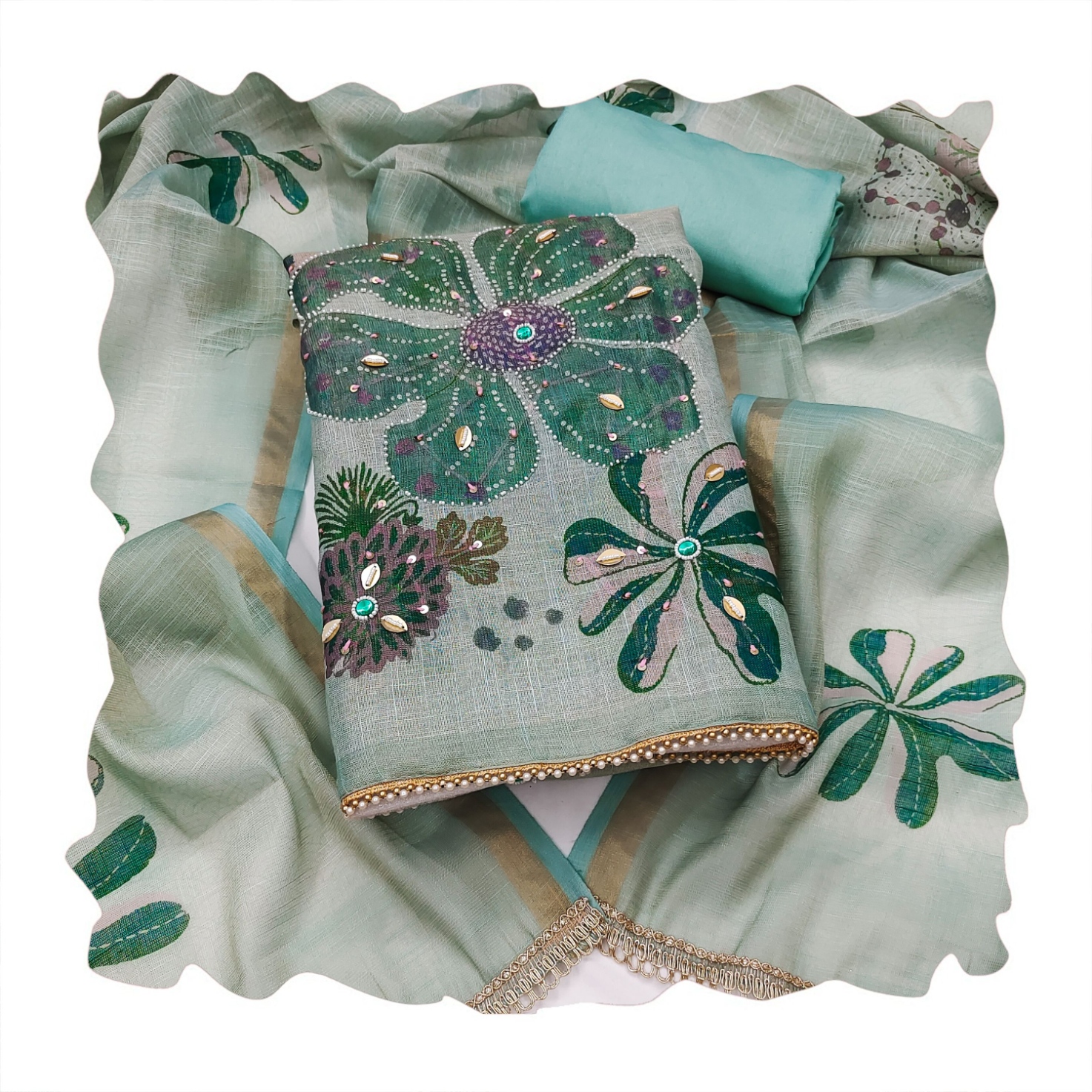 Blue Floral Printed Shimmer Linen Cotton Elegant Straight Suit — alternate view