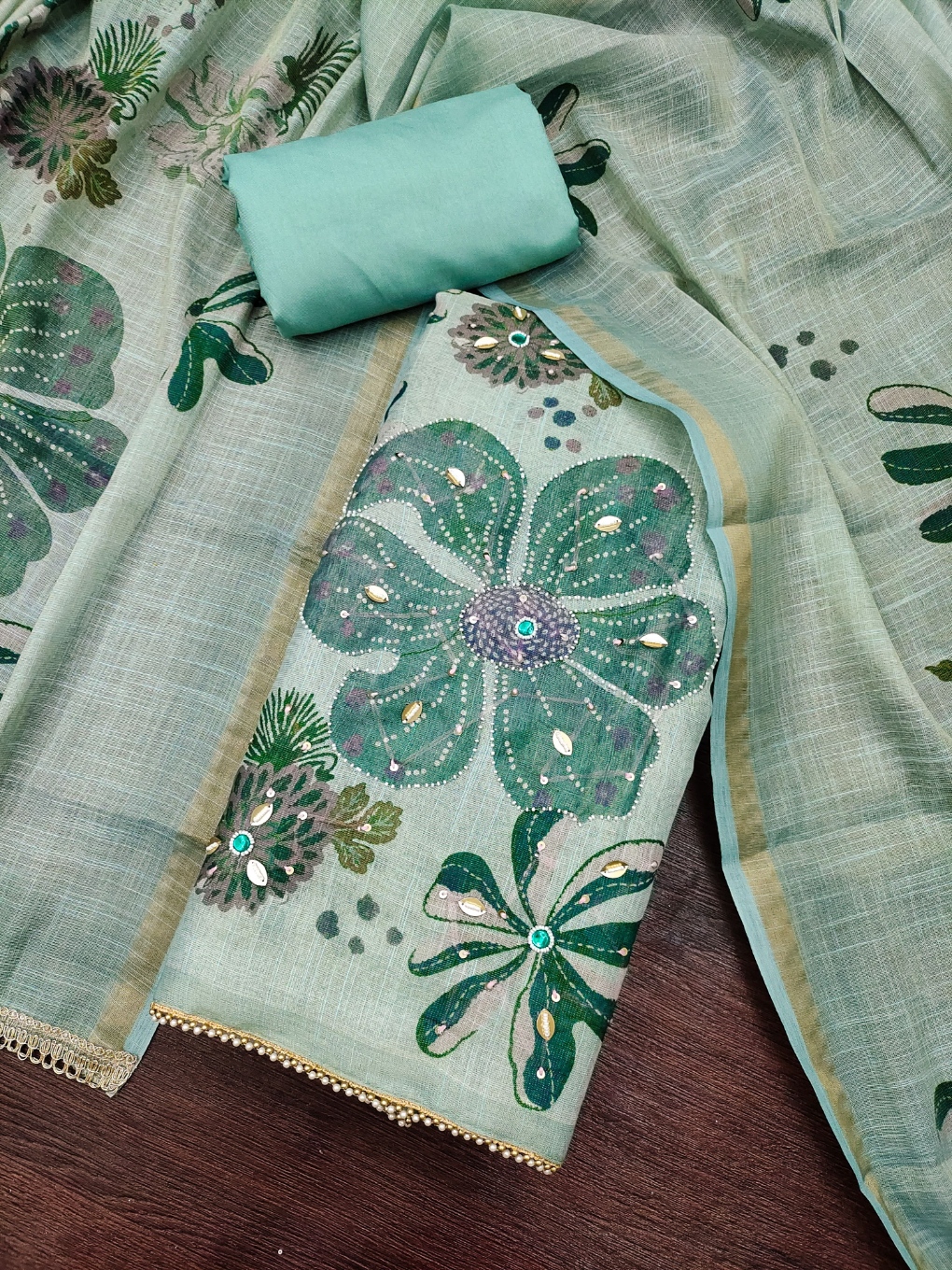 Blue Floral Printed Shimmer Linen Cotton Elegant Straight Suit