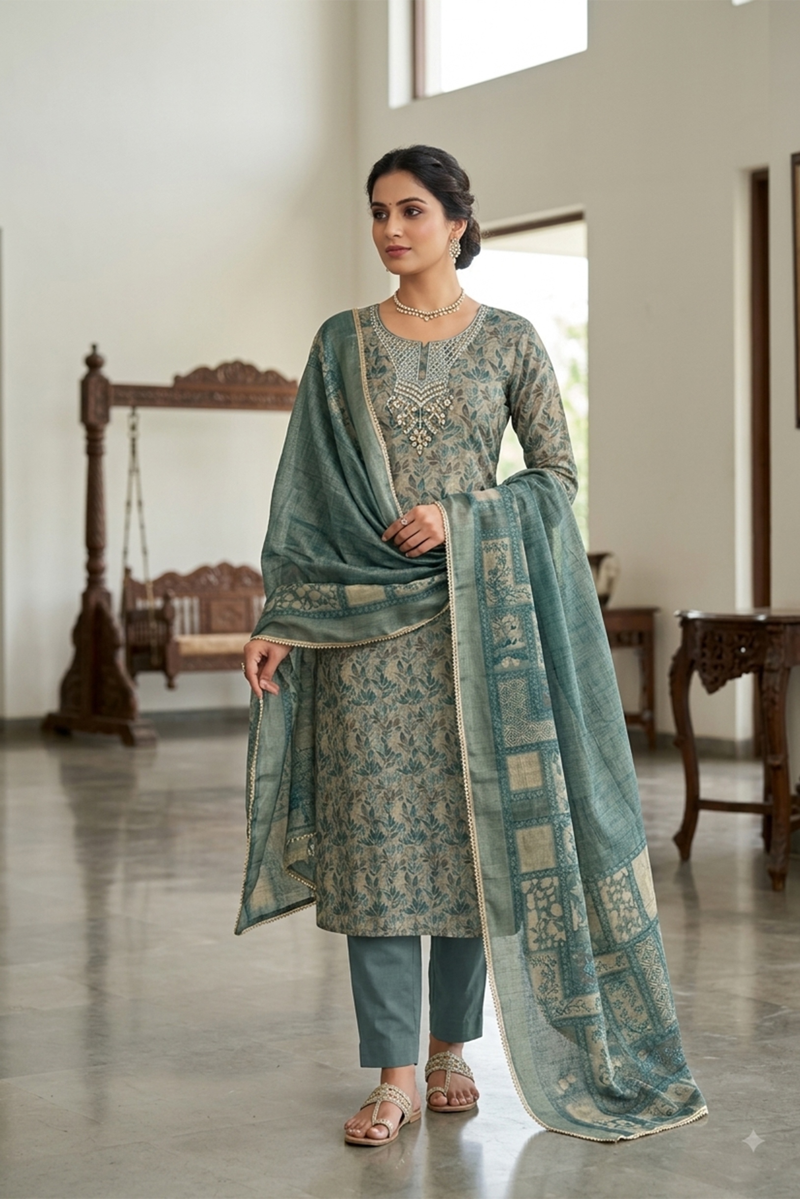 Blue Floral Printed Shimmer Linen Cotton Refined Straight Suit