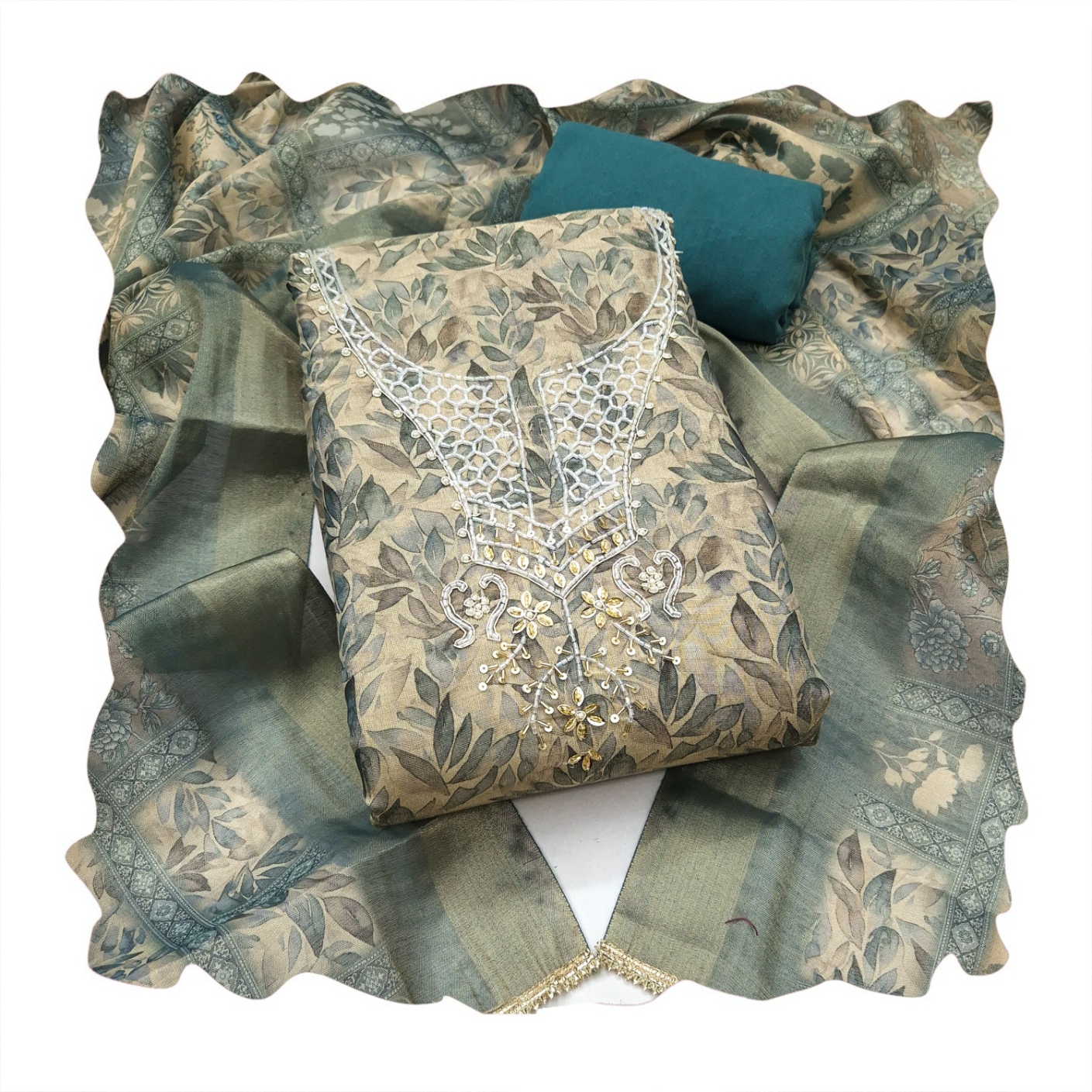 Blue Floral Printed Shimmer Linen Cotton Refined Straight Suit — alternate view