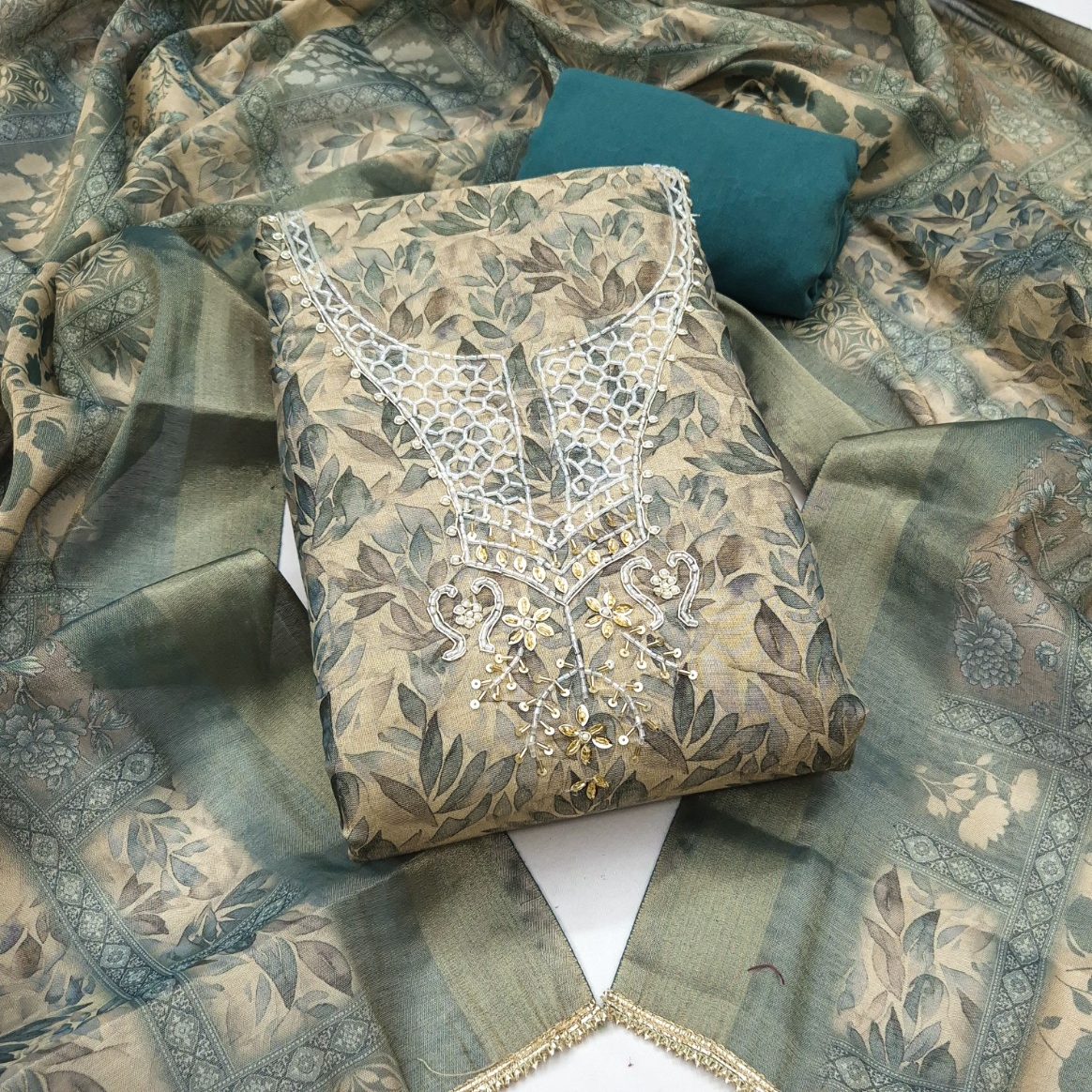 Blue Floral Printed Shimmer Linen Cotton Refined Straight Suit