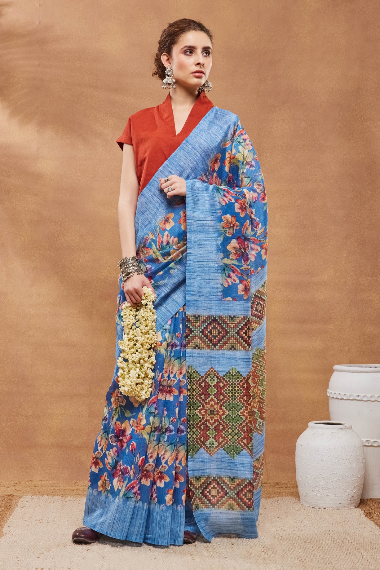 Blue Floral Printed Silk Blend Saree