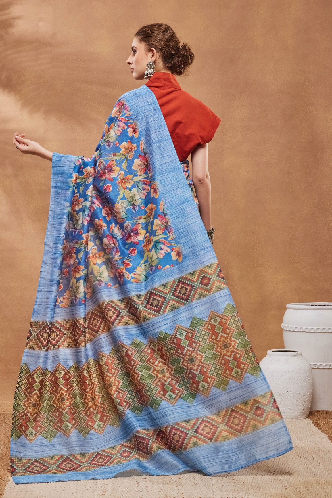 Blue Floral Printed Silk Blend Saree — alternate view