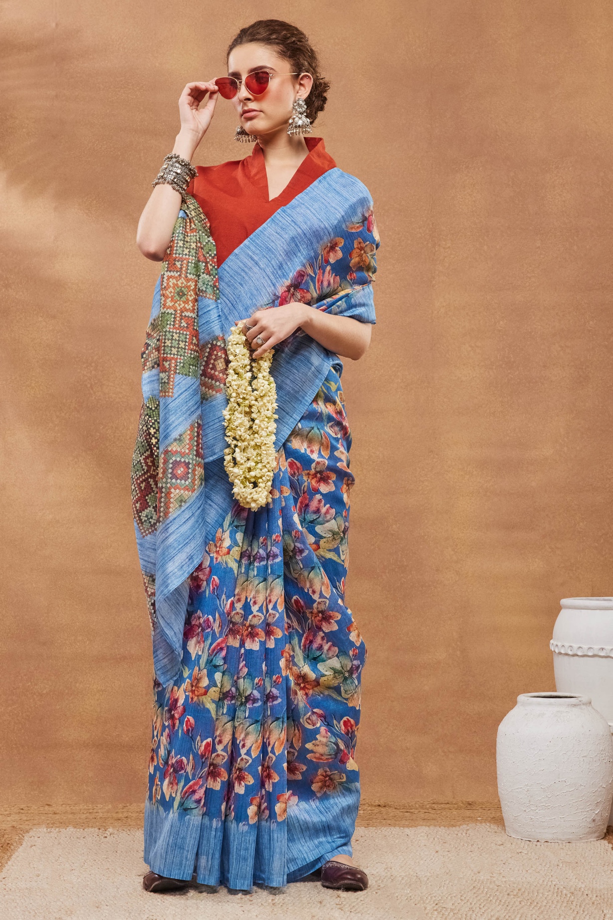 Blue Floral Printed Silk Blend Saree