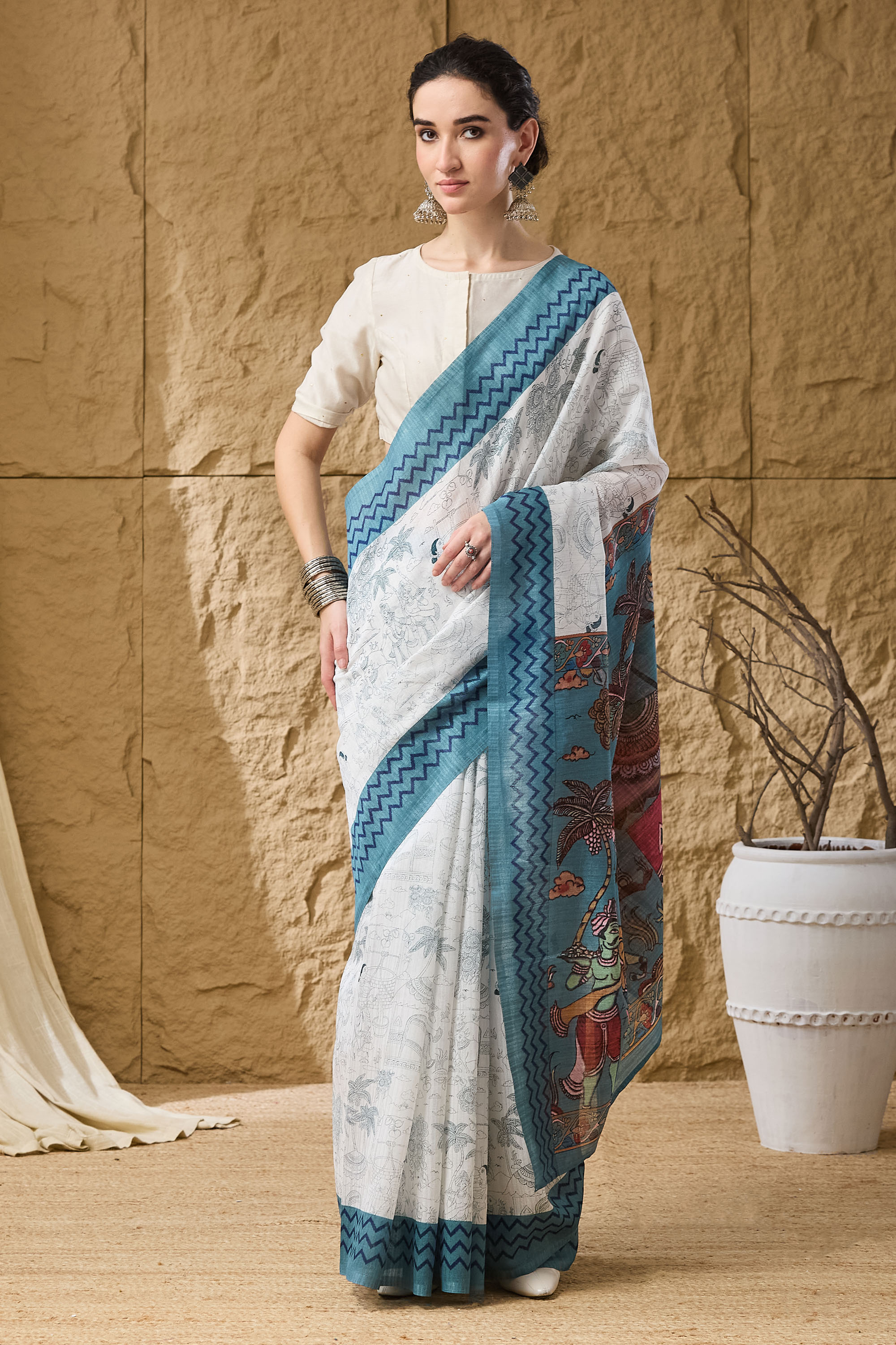 Blue Floral Printed Silk Ready To Wear Saree