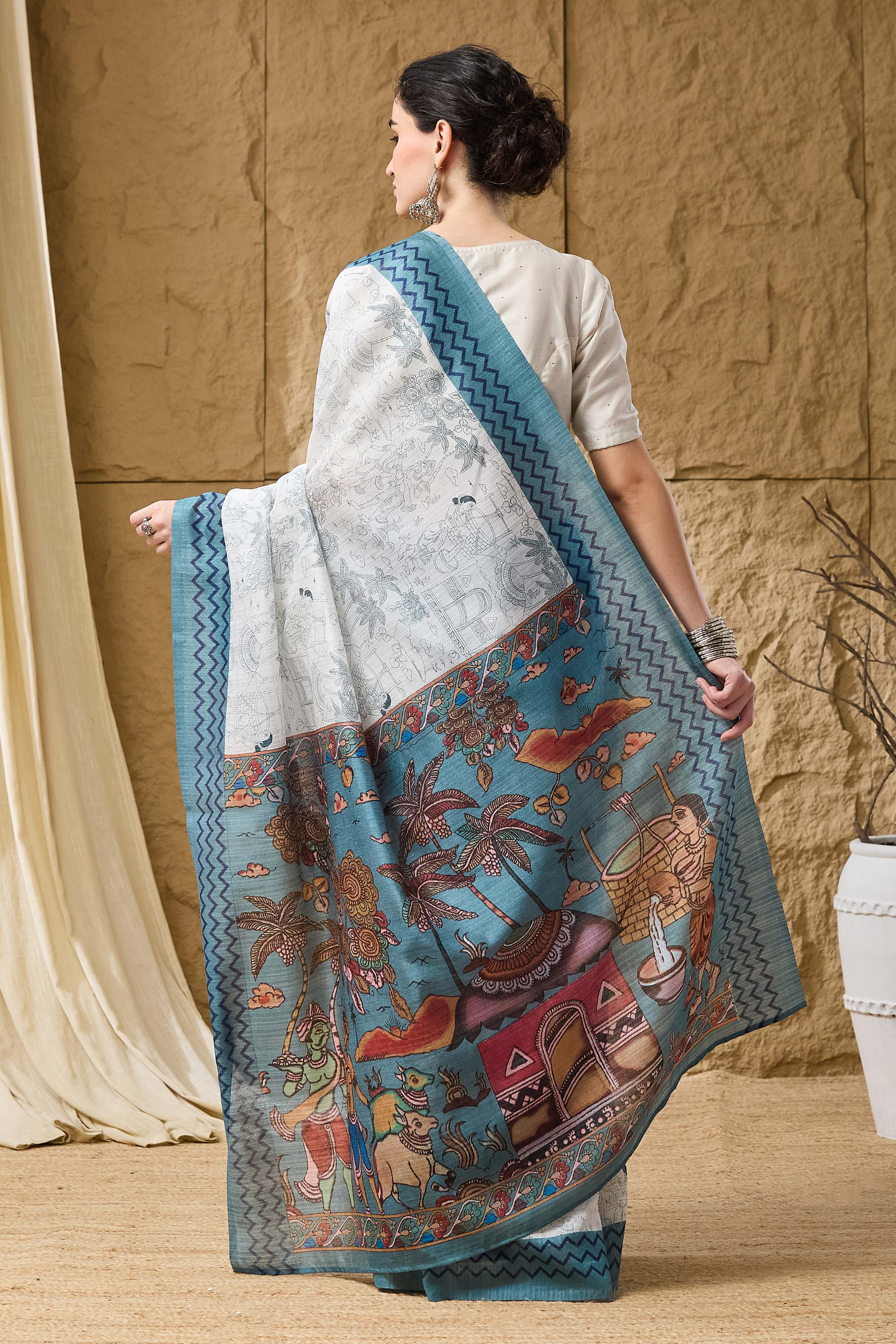 Blue Floral Printed Silk Ready To Wear Saree — alternate view