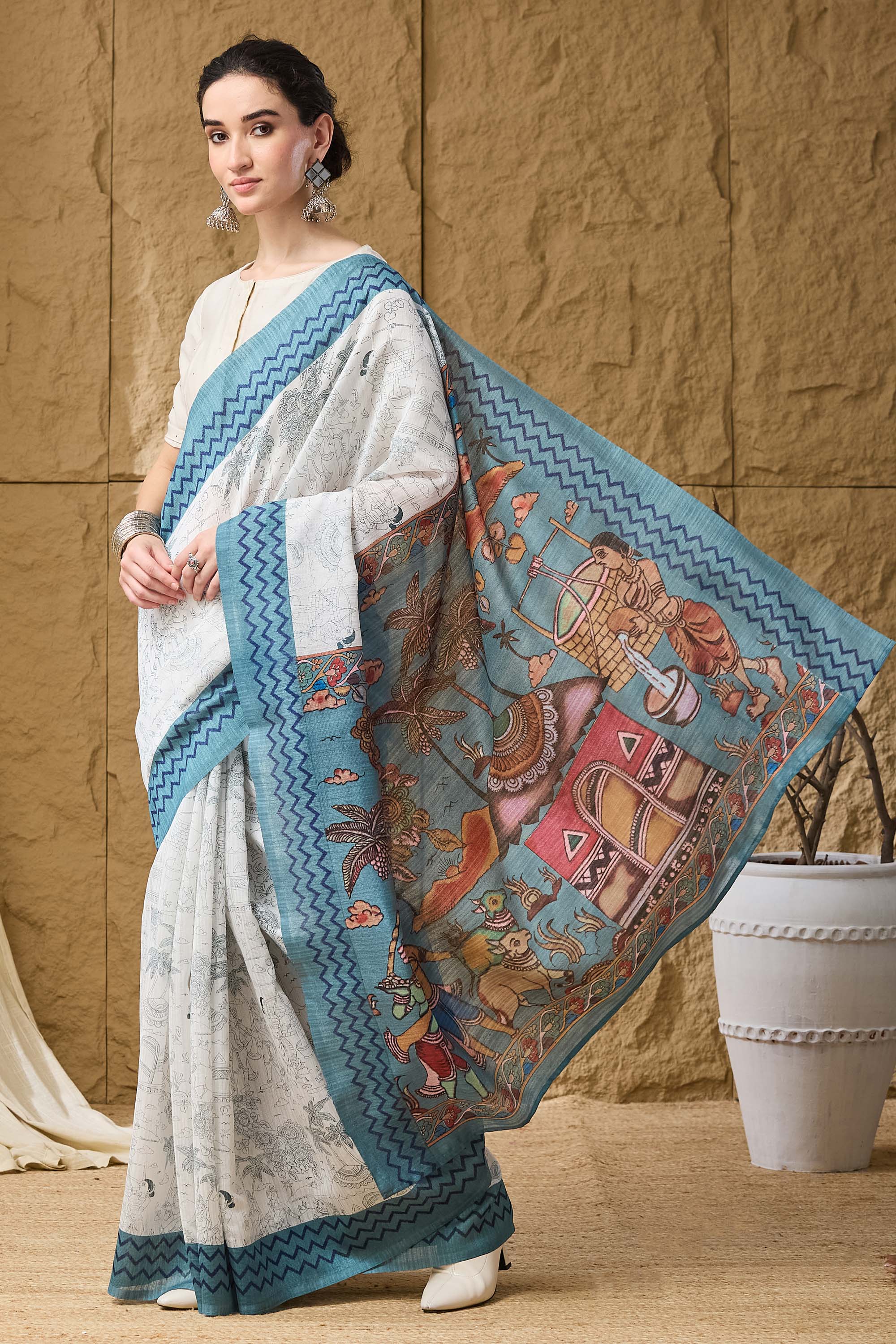 Blue Floral Printed Silk Ready To Wear Saree