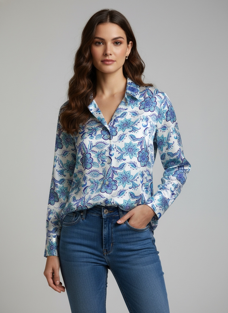Blue Floral Printed Super Satin Shirt