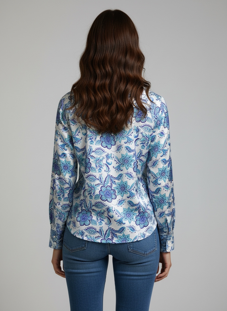 Blue Floral Printed Super Satin Shirt — alternate view