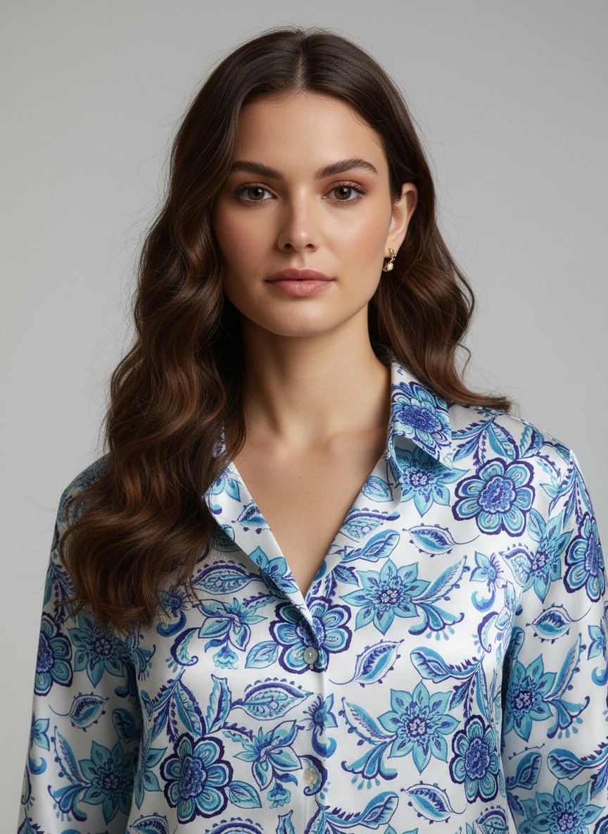 Blue Floral Printed Super Satin Shirt