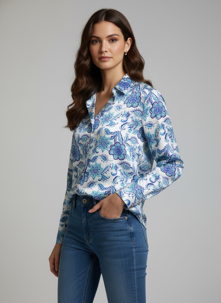 Blue Floral Printed Super Satin Shirt