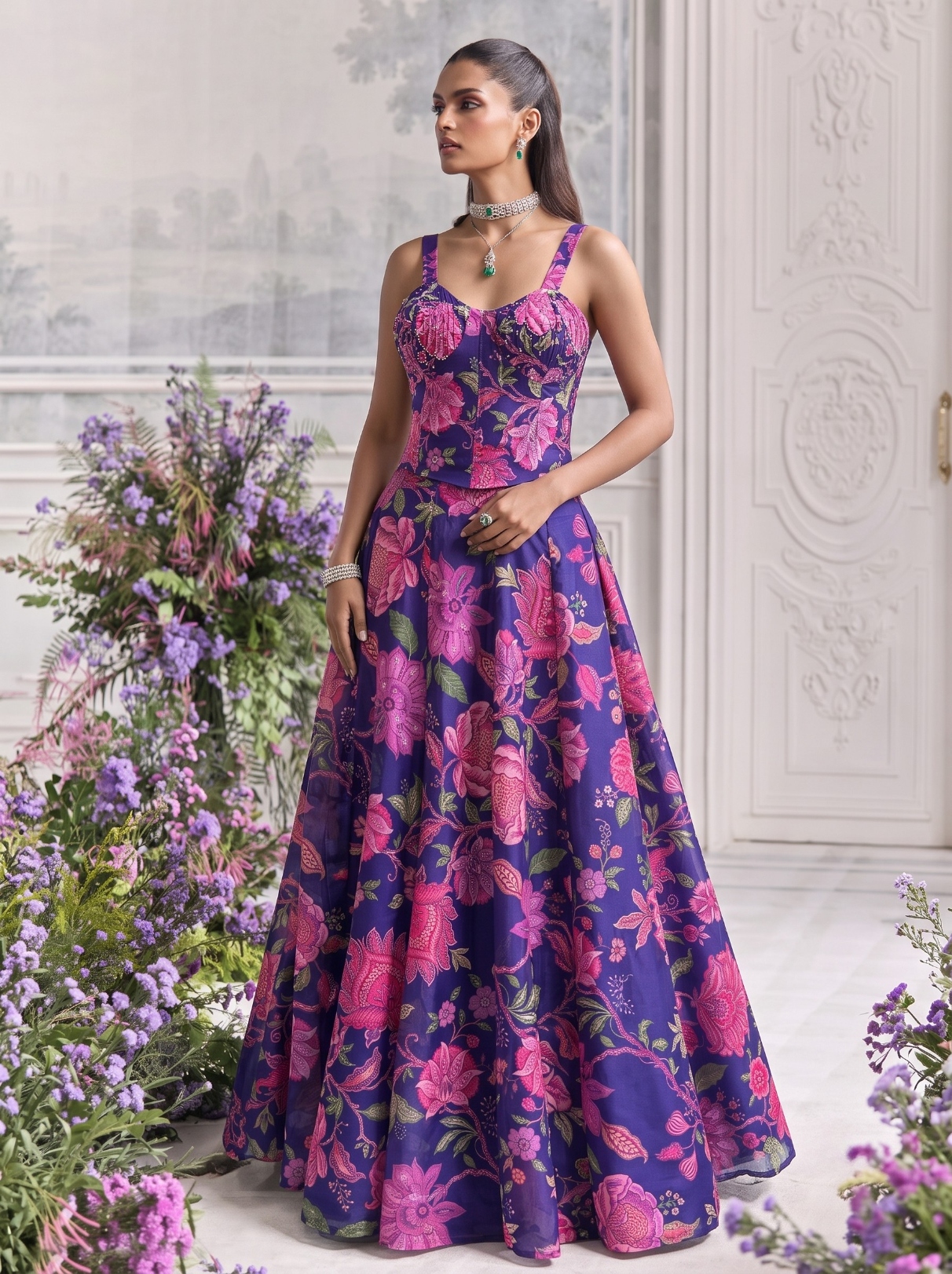 Blue Floral Printed Tabby Organza Lehenga Choli