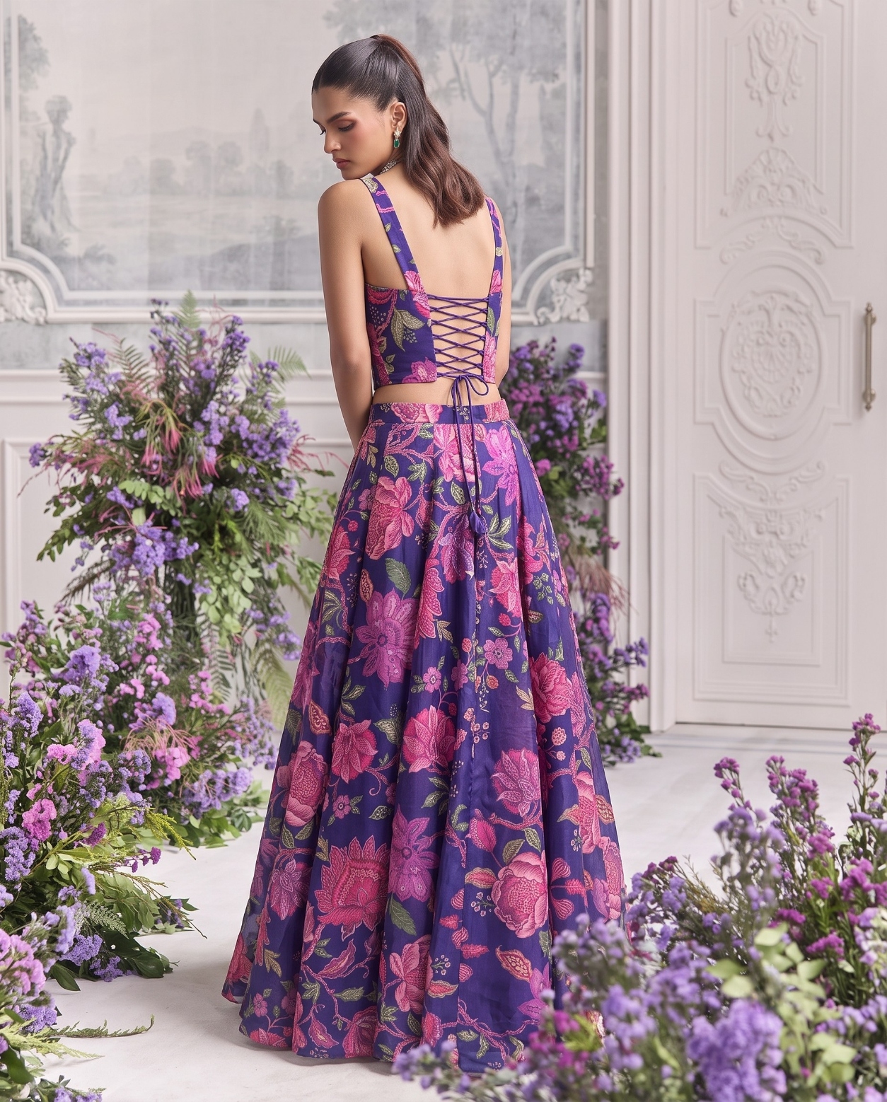 Blue Floral Printed Tabby Organza Lehenga Choli — alternate view