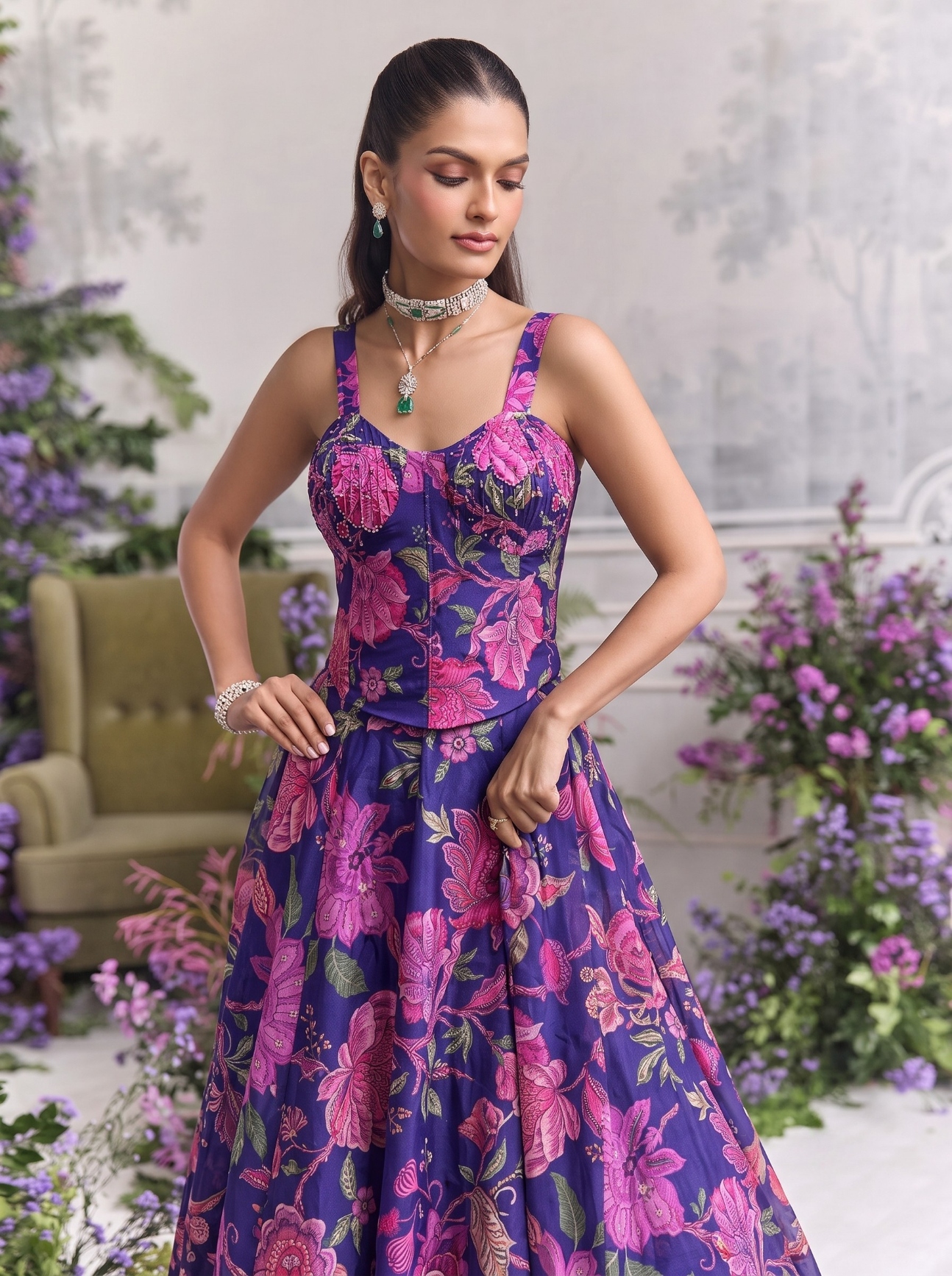 Blue Floral Printed Tabby Organza Lehenga Choli