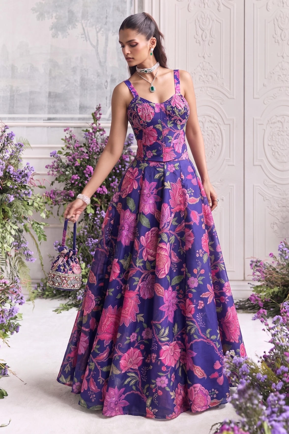Blue Floral Printed Tabby Organza Lehenga Choli