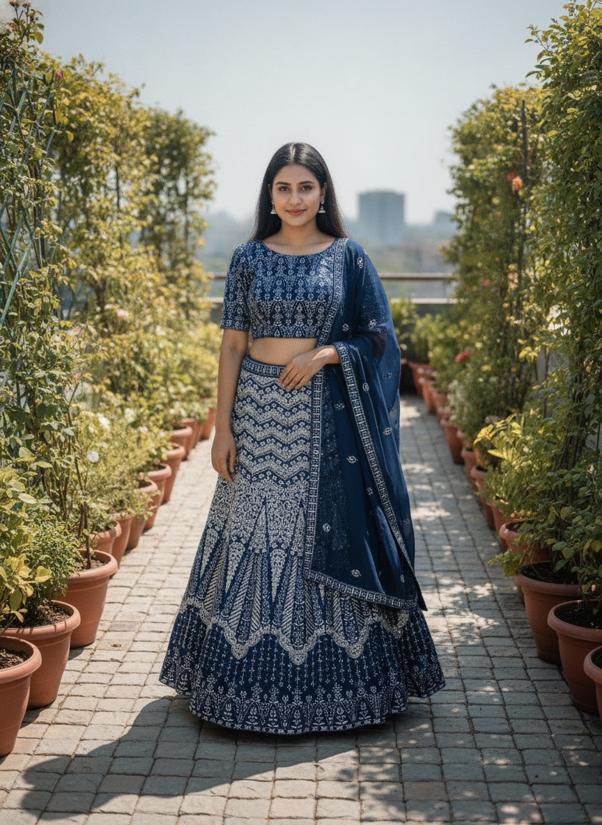 Blue Floral Sequins Faux Georgette Lehenga Choli