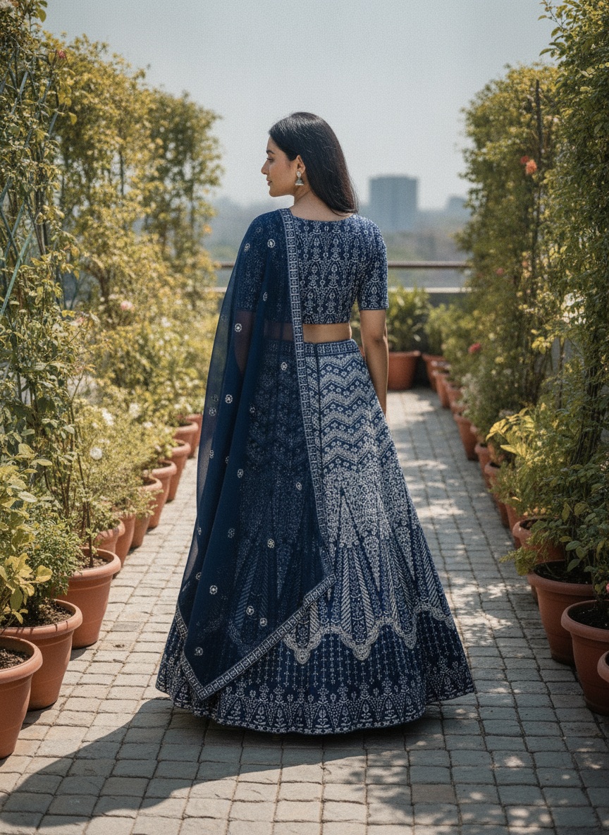 Blue Floral Sequins Faux Georgette Lehenga Choli — alternate view