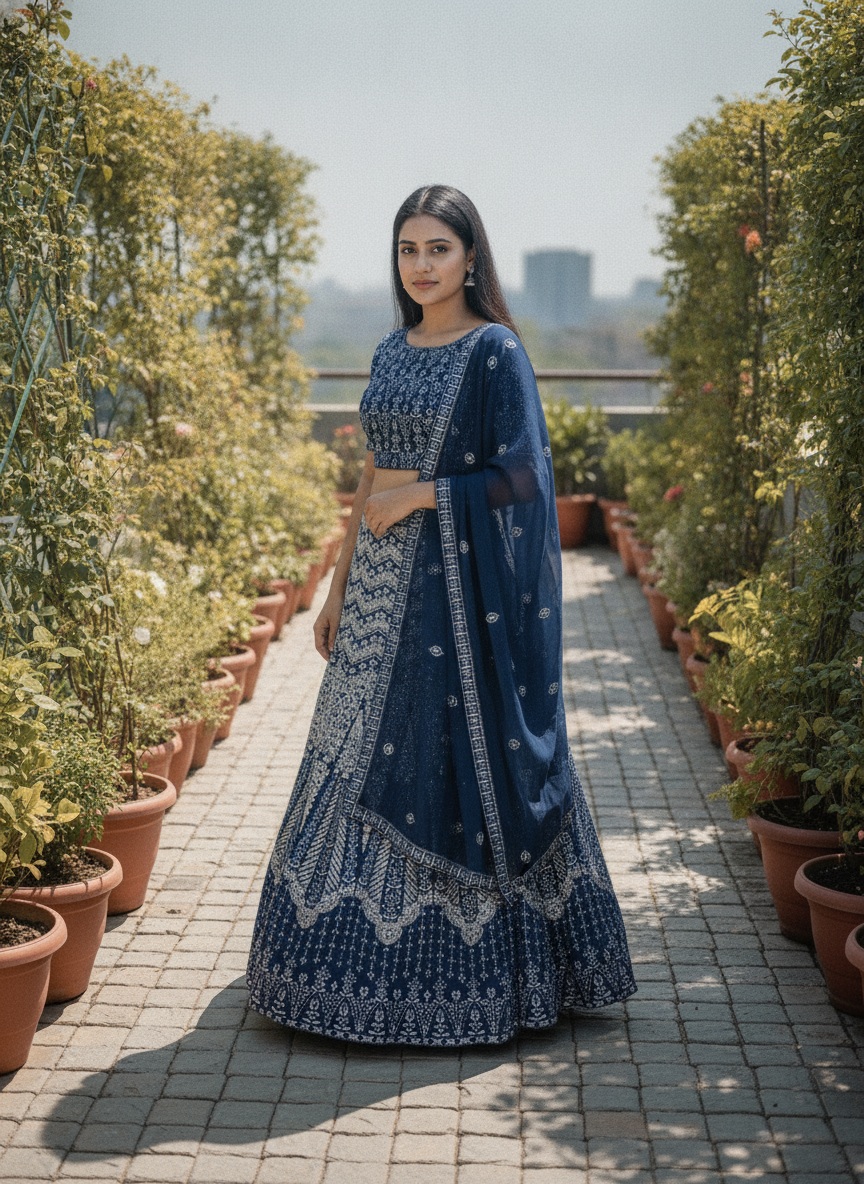 Blue Floral Sequins Faux Georgette Lehenga Choli